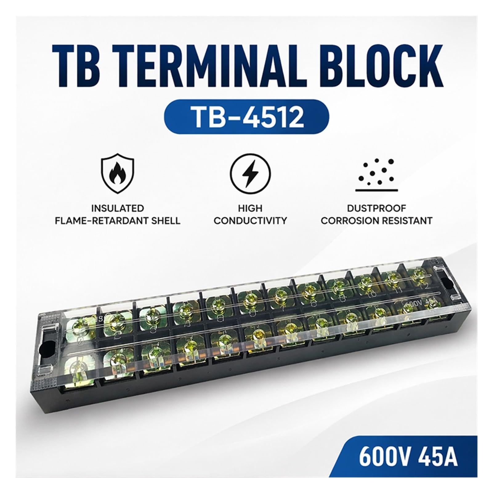 Bornier à vis de barrière TB4512 45A 600V double rangée isolée