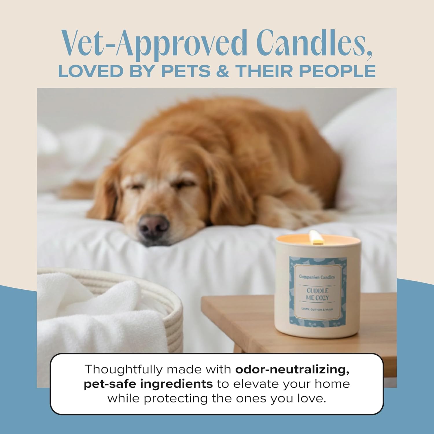 Companion Candles Cuddle Me Cozy Pet-Friendly Scented Candle – Linen, Cotton & Musk Fragrance - Coconut Soy Wax Candle with Wooden Wick, Approx. 50-Hour Burn Time, Made in USA, 11.8 oz