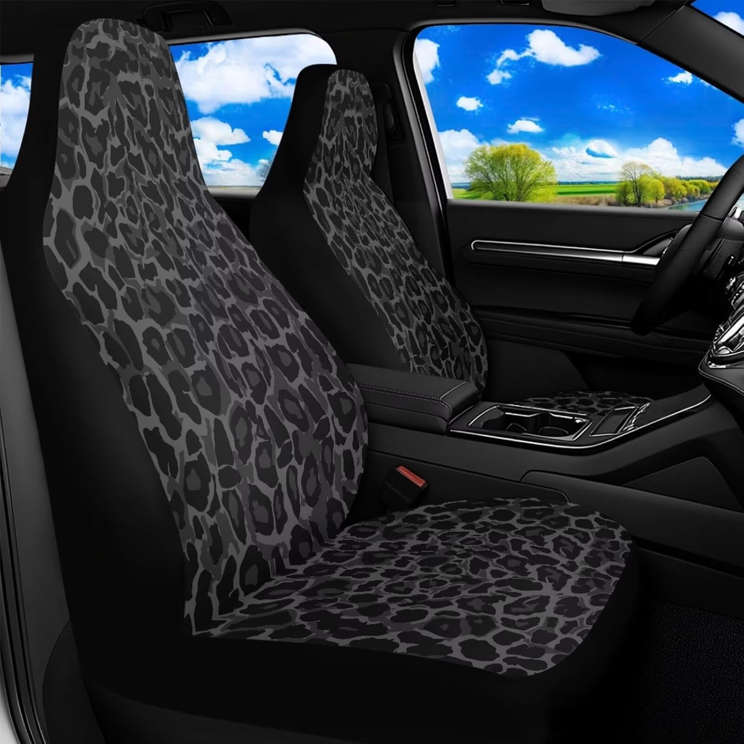 Quelytrip Black Leopard Print Waterproof Car Seat Covers Front Seats Only,Universal Fit for Car SUV Trucks Sedan,Airbag Compatible,Black Cheetah Print Car Accessories
