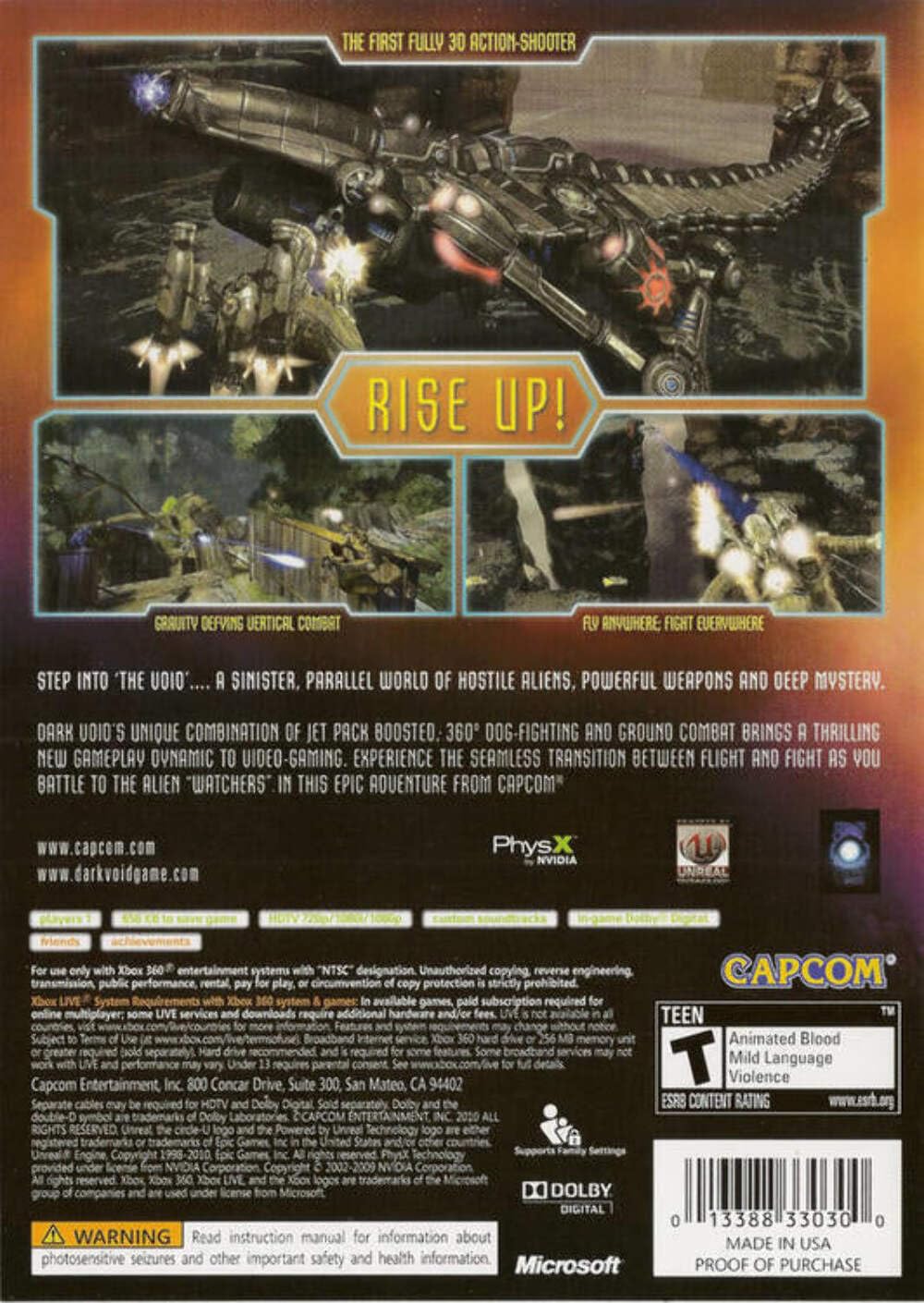 Back cover of Dark Void Xbox 360 game showing various gameplay screenshots including vertical combat and aerial flight.