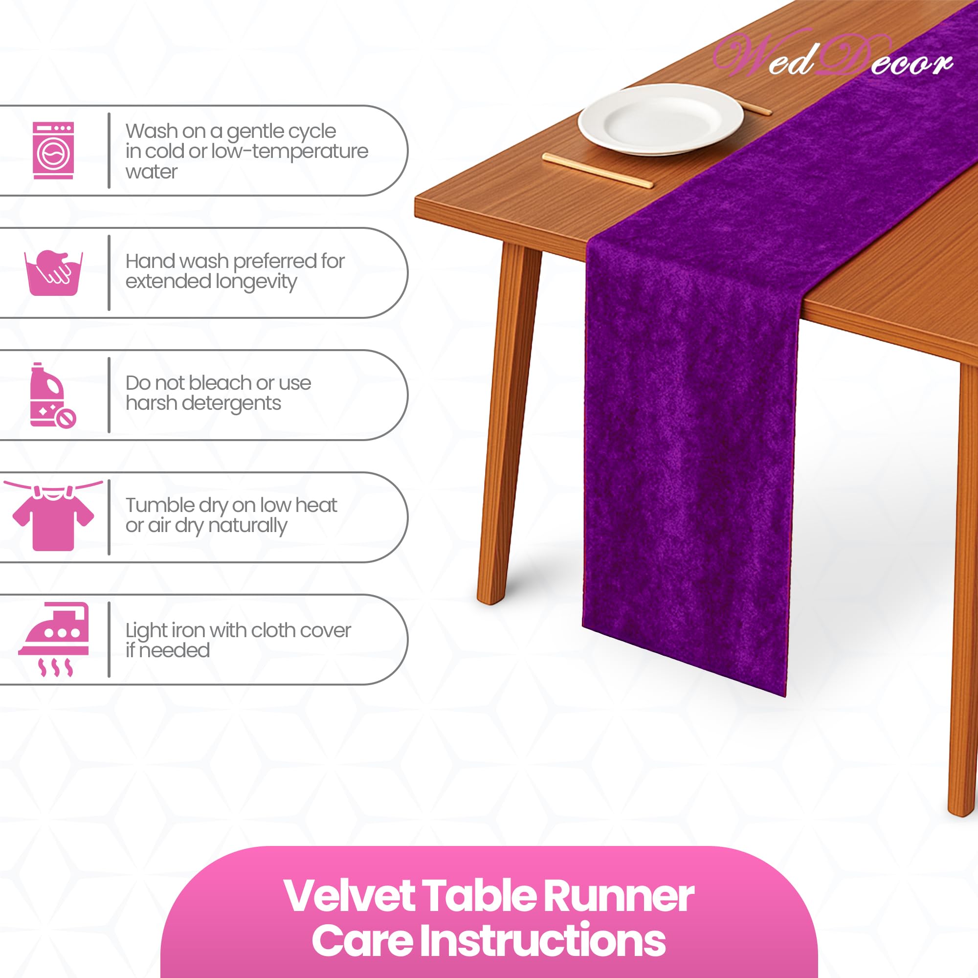 WedDecor Chemin de table en velours écrasé doux lavable pour mariage, cuisine, anniversaire, banquet, Noël et événements spéciaux, dîner, fête - 33 x 274 cm - Violet