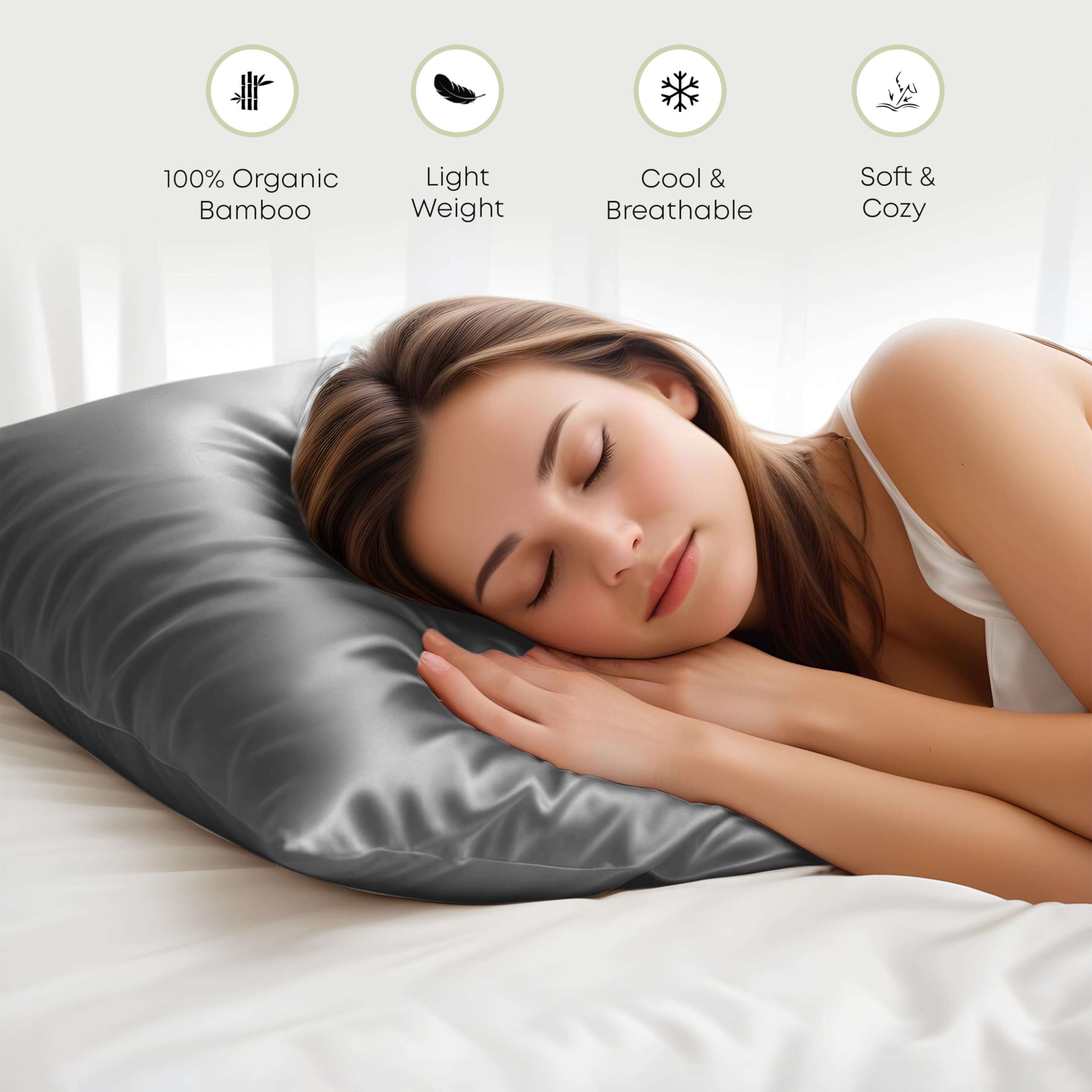 LINENWALAS 100% Organic Bamboo Pillow Cases 2 Pack, Soft Bamboo Silk Pillowcase for Hair and Skin Standard Size Cooling Pillowcases (20x30 Inches/Light Grey)