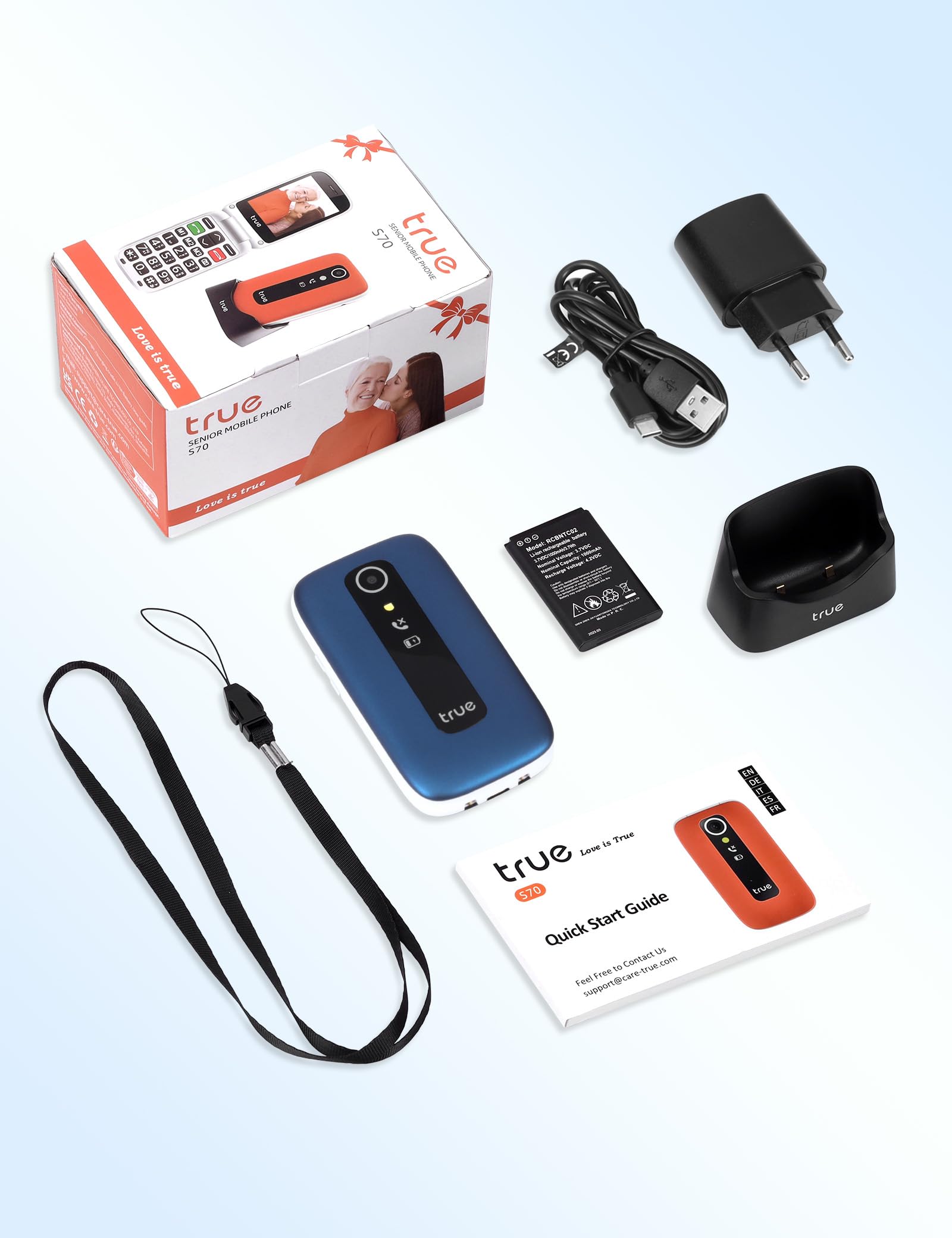 TRUE S70 Teléfono Móvil para Mayores con Tapa 2G, Pantalla de 2,8", Volumen Alto, Teclas Grandes, Alarma de Caída, Botón SOS, Cámara, Podómetro, Estación de Carga, Azul Estrellado | Sensor de caída