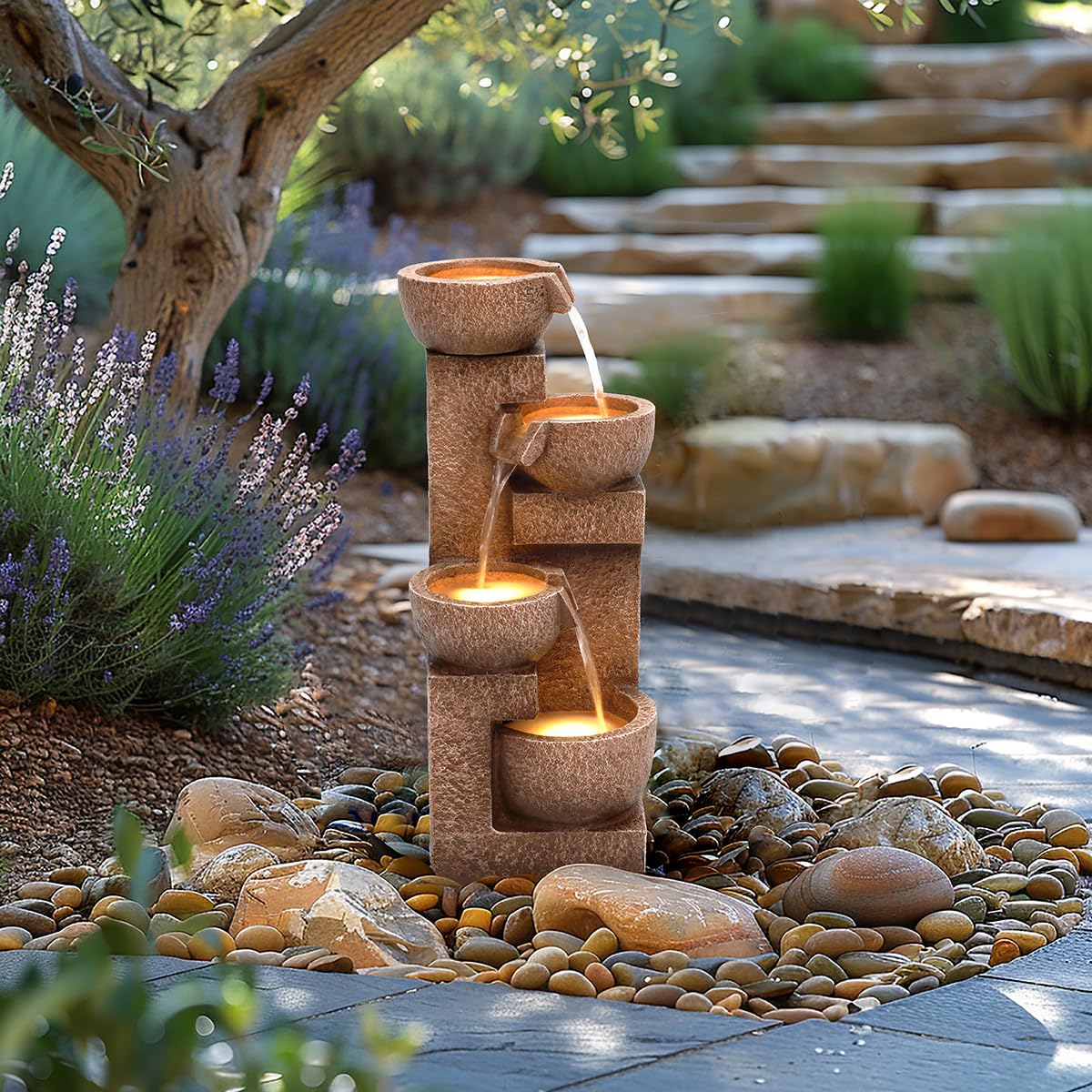 CHARLES BENTLEY Danube Water Feature, 4-Tier Cascading Bowls, Built-In LED Lights, Mains Powered, Weatherproof, Frost Resistant, UV Resistant, Outdoor Fountain, Easy Installation (54.5 x 26.5cm)