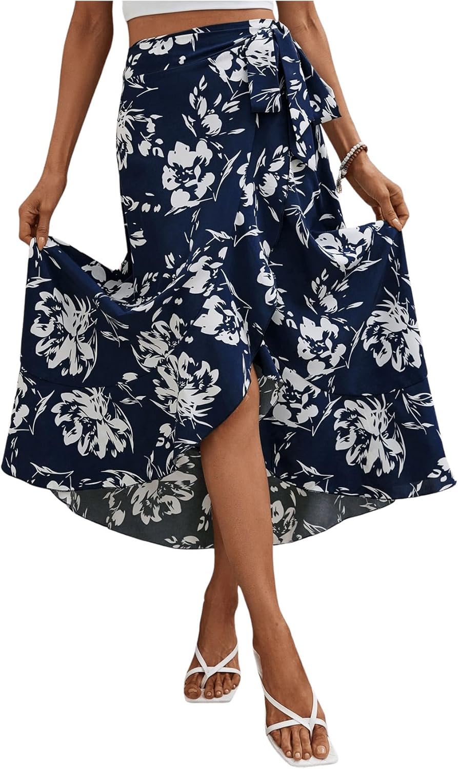 Milumia Women's Boho Floral Print Knot Side Split Wrap Flowy High Waisted Long Maxi Skirt - Image 3