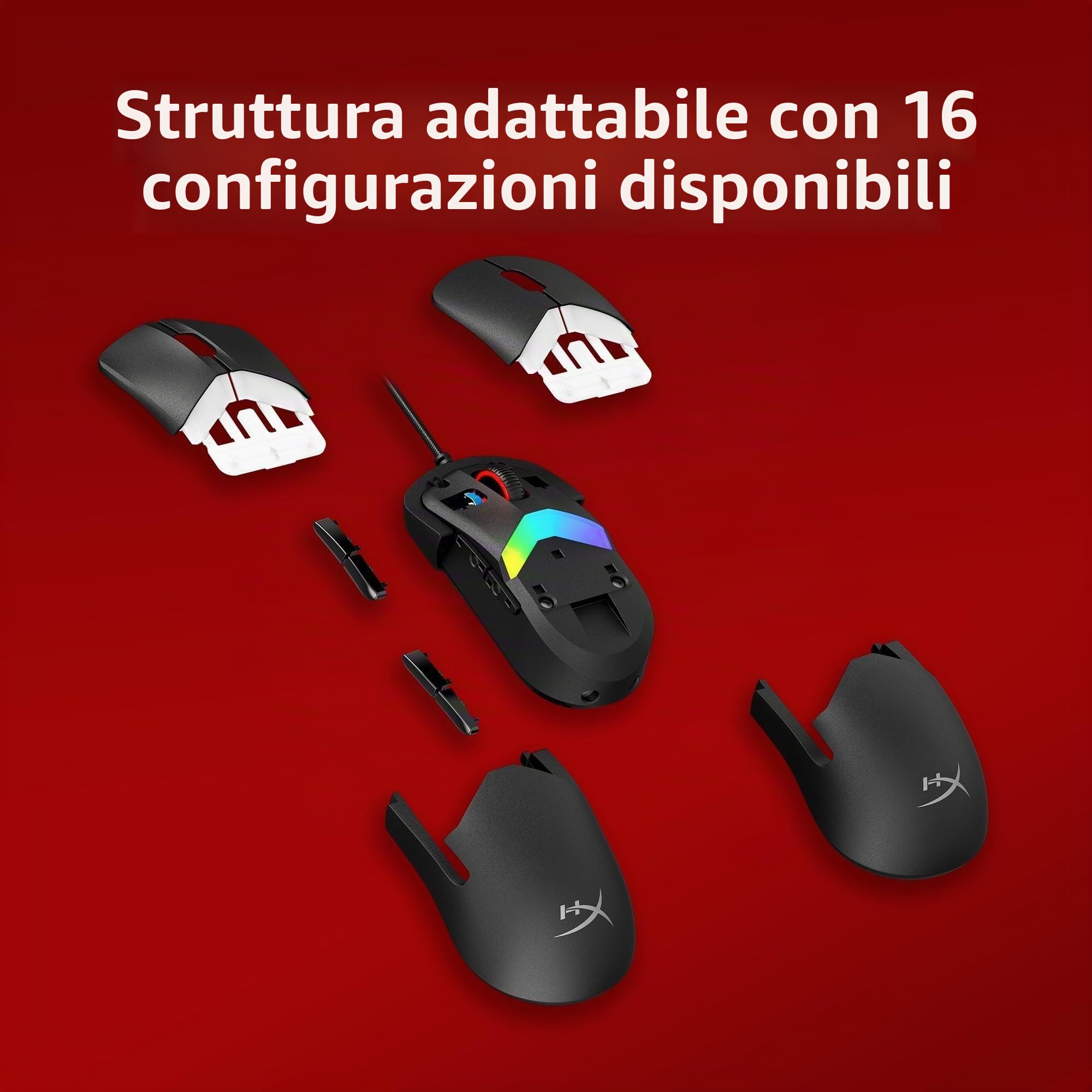 HyperX Pulsefire Saga, Mouse Gaming Cablato Modulare RGB, Nero | Ultra Leggero 69 g, Sensore HyperX 26K, 8000 Hz, 6 Pulsanti