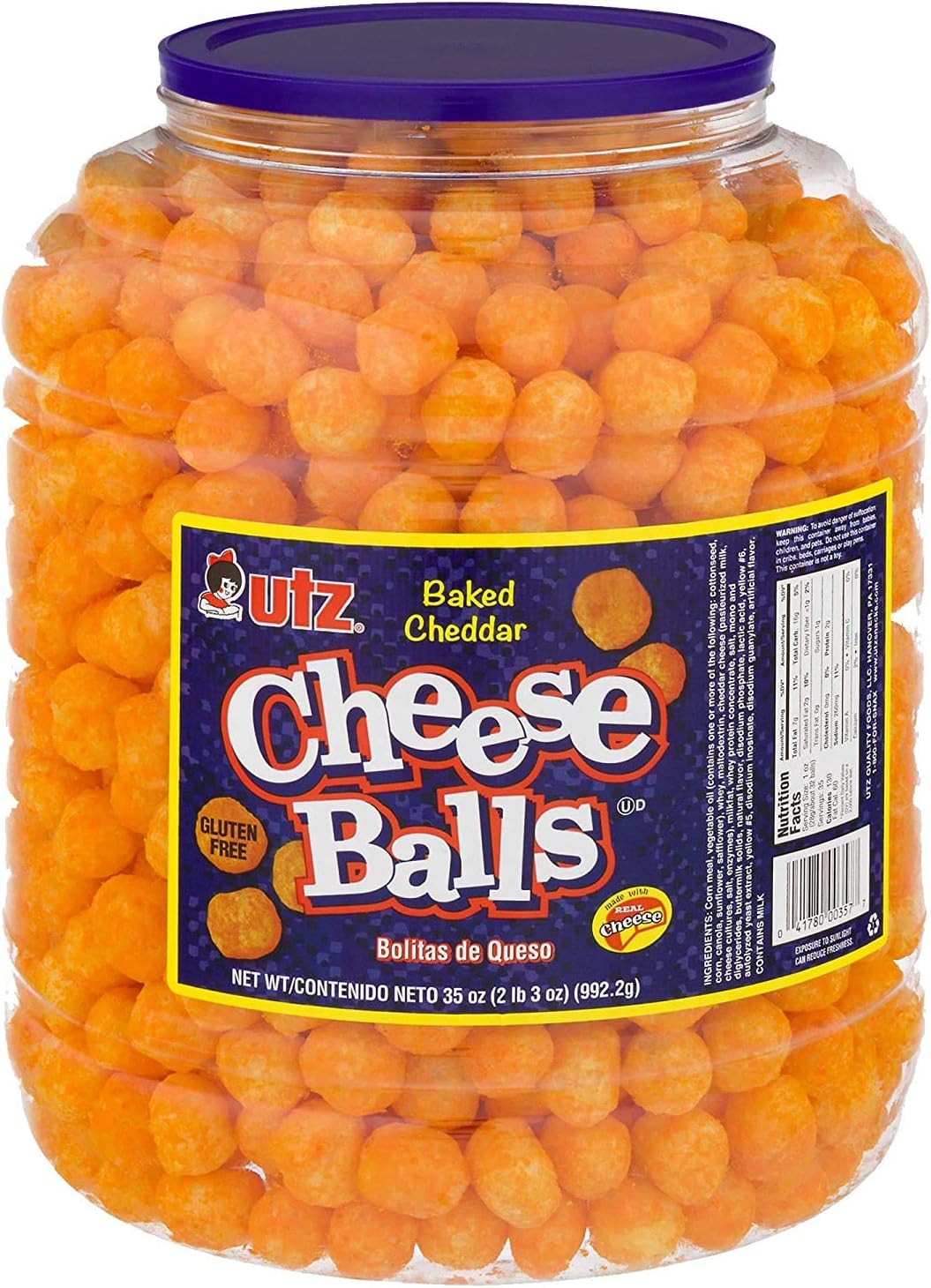 Utz Cheese Balls – Barrel (2 lbs) – Made with Real Cheese, Resealable Container, Gluten Free, Easy and Quick Party Snack, Cherry, 35 Ounce