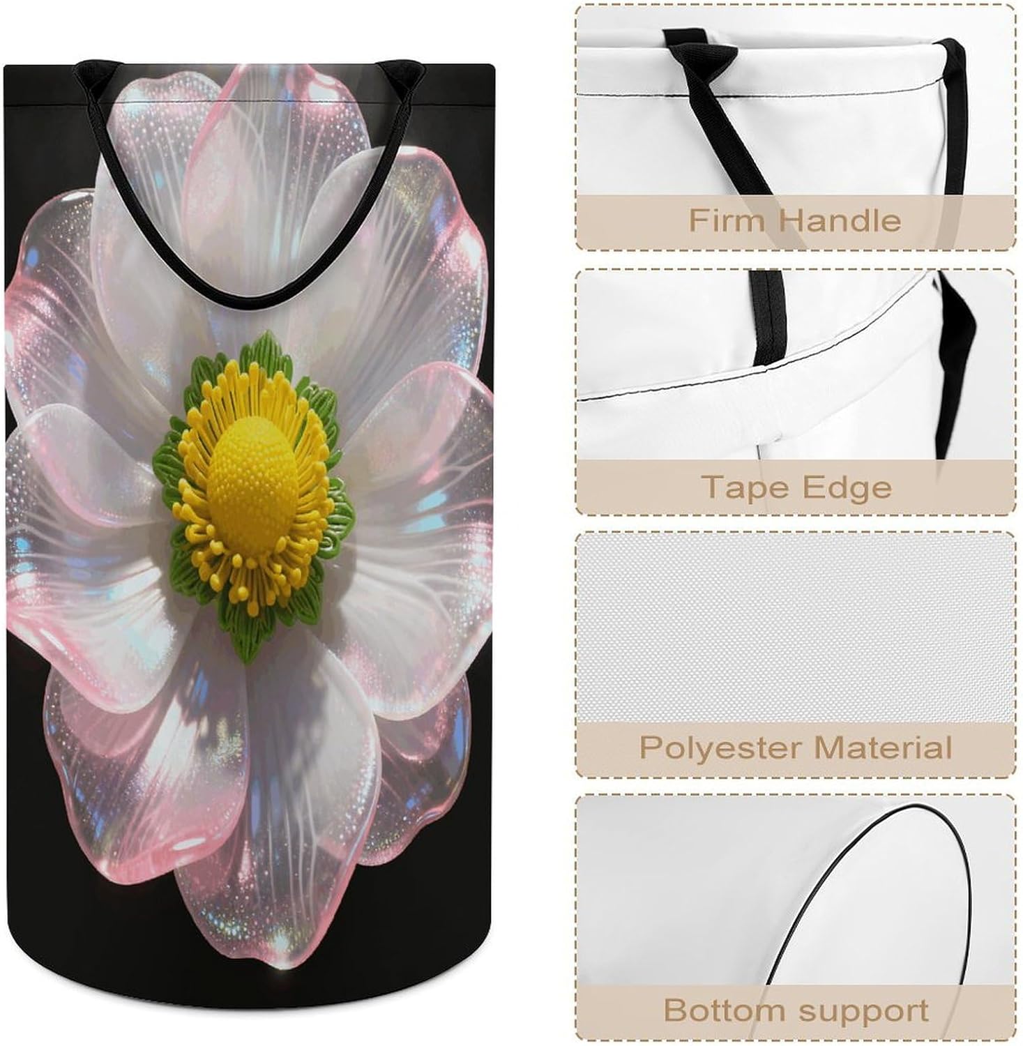 Glazed Fantasy Blossom Laundry Hamper with Handles Waterproof Collapsible Laundry Basket Large Lightweight Round Dirty Clothes Hamper for Home Dorm Bathroom Decor