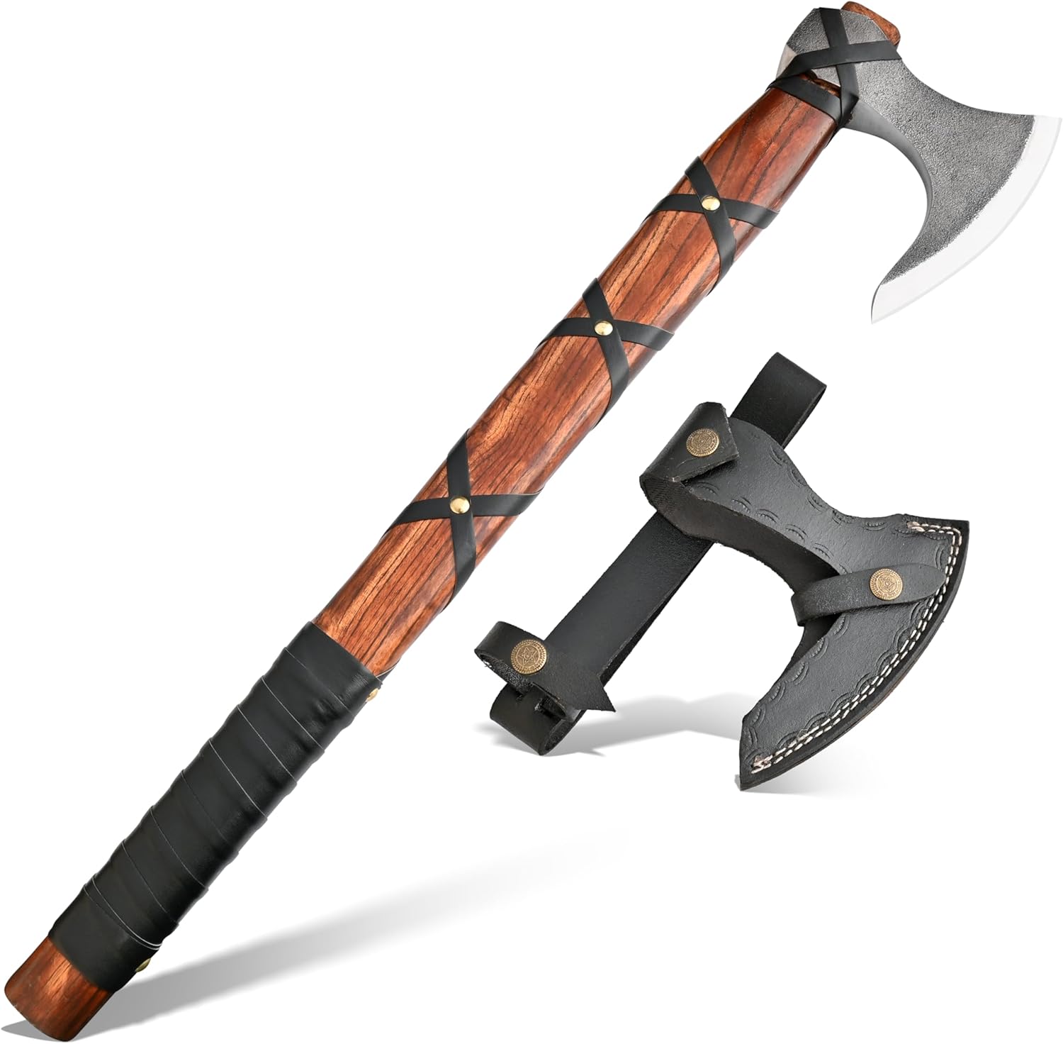 22-Inch Hand-Forged Viking Axe with Sheath, Hatchet with Sheath, Gift for Men, Survival Axe, Viking Bearded Camping Axe, Ragnar Lothbrok Axe, Viking Knives, Best Gift Axe (Brown)