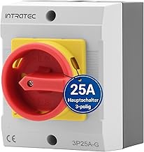 Main Switch Circuit Breaker 25A, IP 65, 3-Pin in Housing, Rotary Switch for All Industrial Requirements, Grey, Yellow, Red