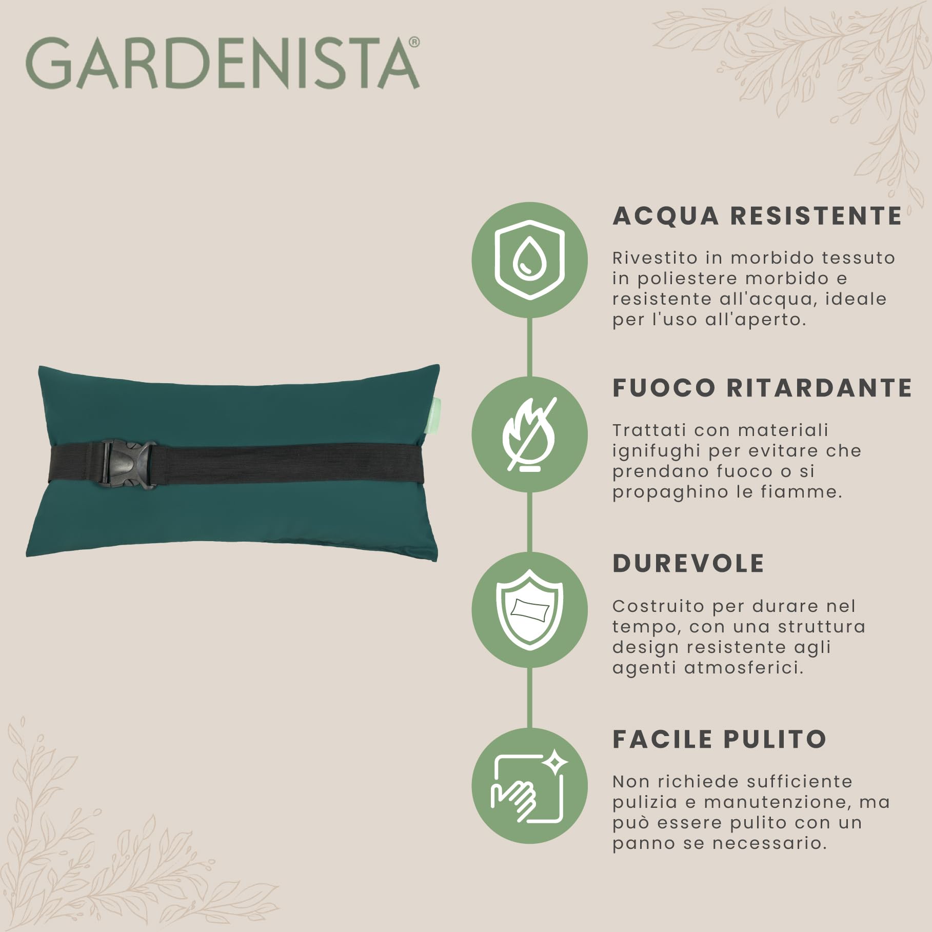Gardenista Cuscino per il supporto del collo del lettino prendisole da esterno | Cuscino per poggiatesta resistente all'acqua per giardino | Confortevole e robusto con cintura sicura (Verde)