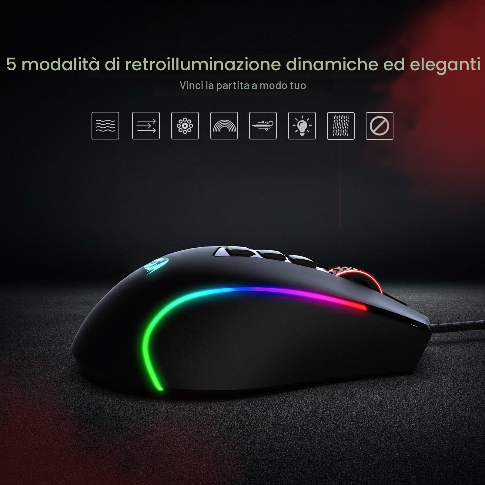 Redragon M612 Predator RGB Gaming Mouse 8000DPI Mouse ottico cablato con 11 pulsanti programmabili e 5 modalità di retroilluminazione, software supporta Keybinds Rapid DIY