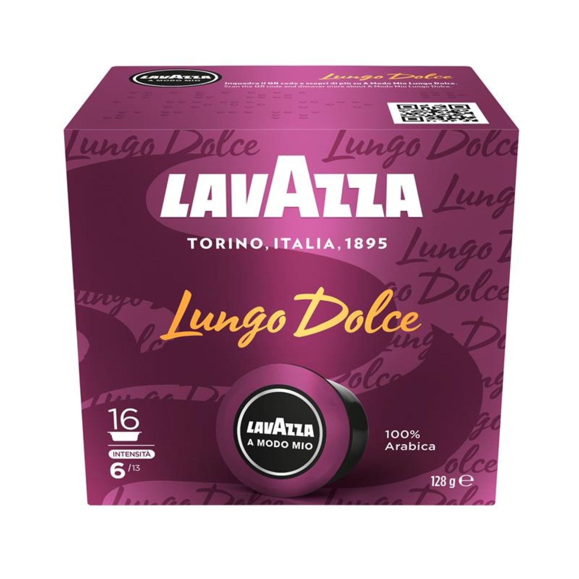 Lavazza, A Modo Mio Lungo Dolce, 1 Packung mit 16 Kaffeekapseln mit Aromanoten von Getrockneten Früchten, 100 % Arabica, Intensität 6/13, Mittlere Röstung