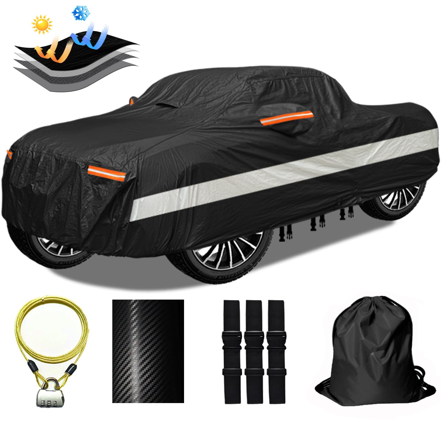 30 Layers Truck Car Cover for Automobiles All Weather Waterproof, Outdoor Snowproof UV Protection Windproof, No Zipper,Heavy Duty Universal Car Covers, (Black, Fit Truck 231"-250")