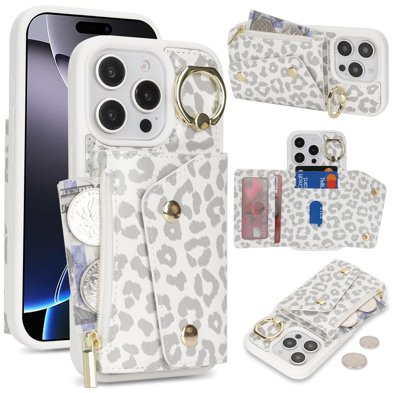 Lipvina for iPhone 16 Pro Max Case Wallet with Card Holder - Zipper Pocket,Credit Card Slots,RFID Blocking,Stand Ring,PU Leather Double Snap Cover for