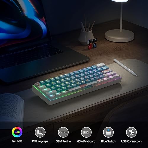 Miniatura 5 de Teclado mecánico 60% Teclado compacto 60% para juegos, retroiluminación RGB, 61 teclas, cable USB para PC portátil con Windows Mac (61