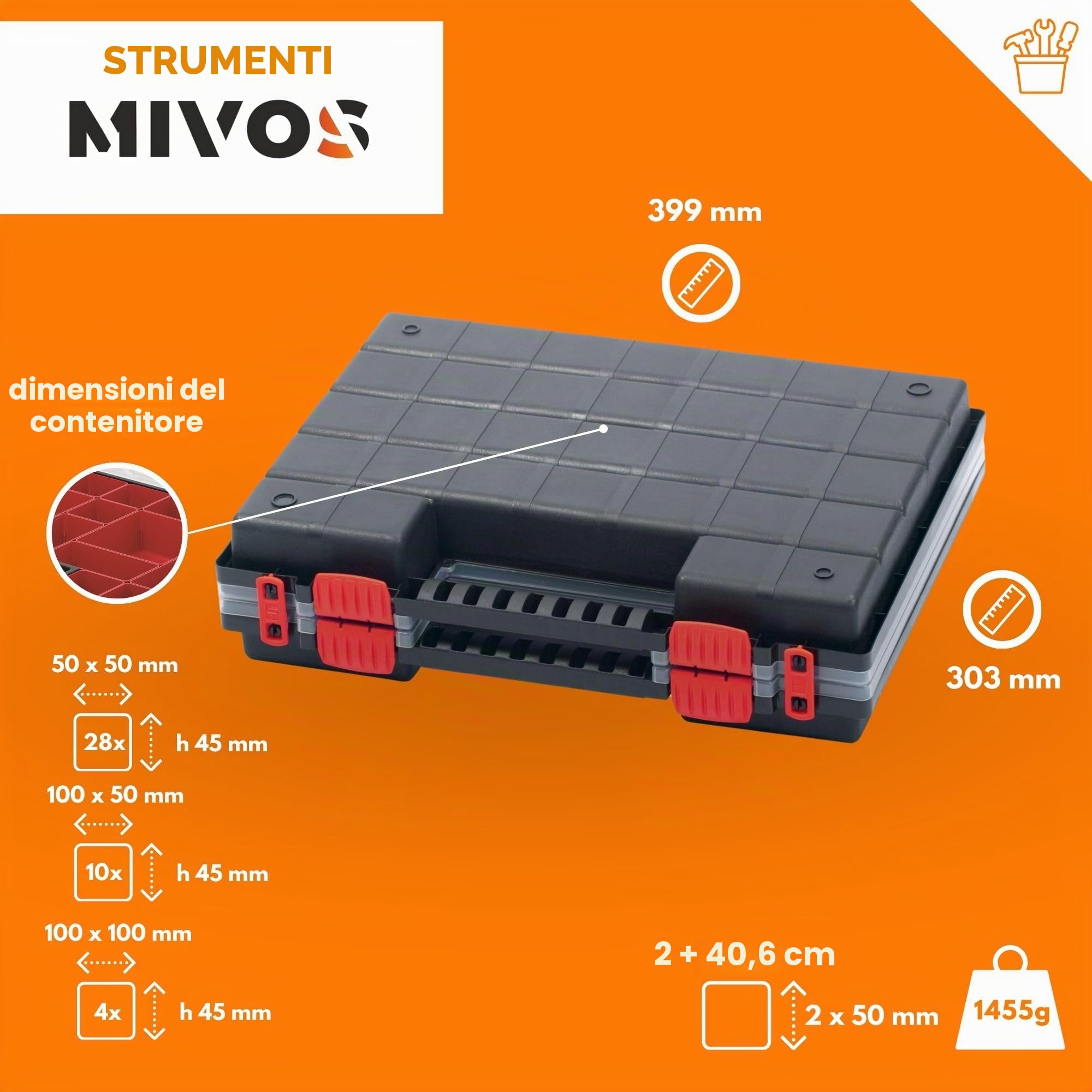 Mivos Scatola di Assortimento Su Entrambi i Lati, 399 x 303 x 100 mm, Con 42 Scomparti per Piccole Parti, Robusta per Viti e Accessori, Ideale per Officina - Made in EU