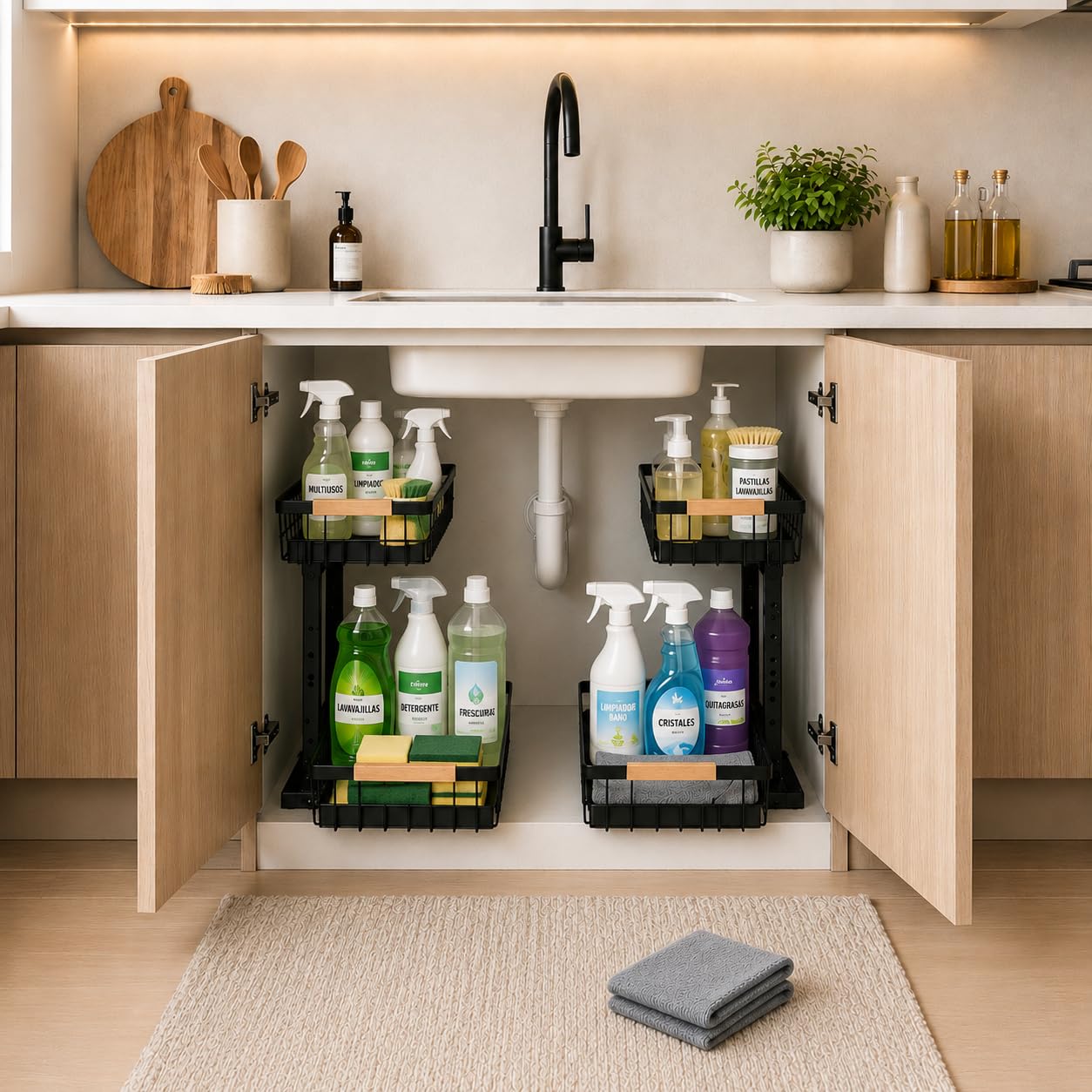 Confezione da 2 organizer sotto lavello compatto regolabile (28-42 cm) con 2 panni in microfibra, scaffale metallico per cucina e bagno, design speciale per sifone e tubi a U, colore nero