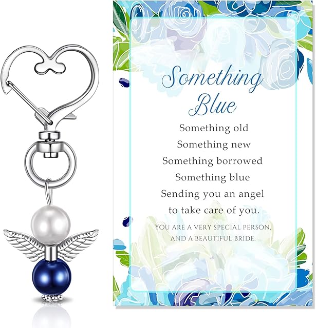 2 Pcs Something Blue for the Bride Charm Blue Pearl Angel for the Bride Charm Wedding Party Keychain Gift Card Party Favours for Marriage Celebration Shower Holy Communion