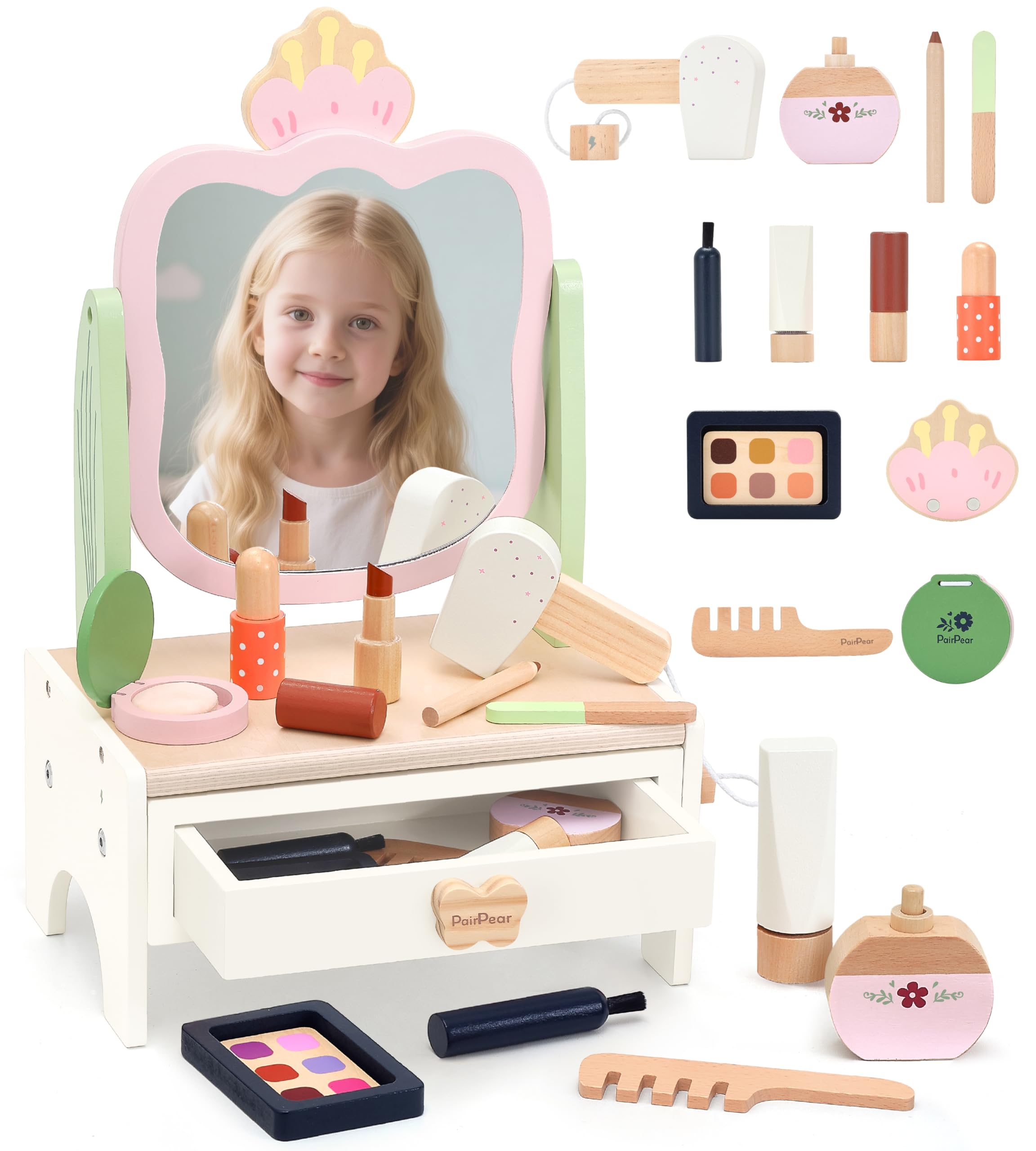 PairPear Wooden Makeup Toy Set 19Pcs Makeup Playset Beauty Salon Girl Toys Vanity Set for Toddler Pretend Play Makeup Kit with Accessories Gift for Girls