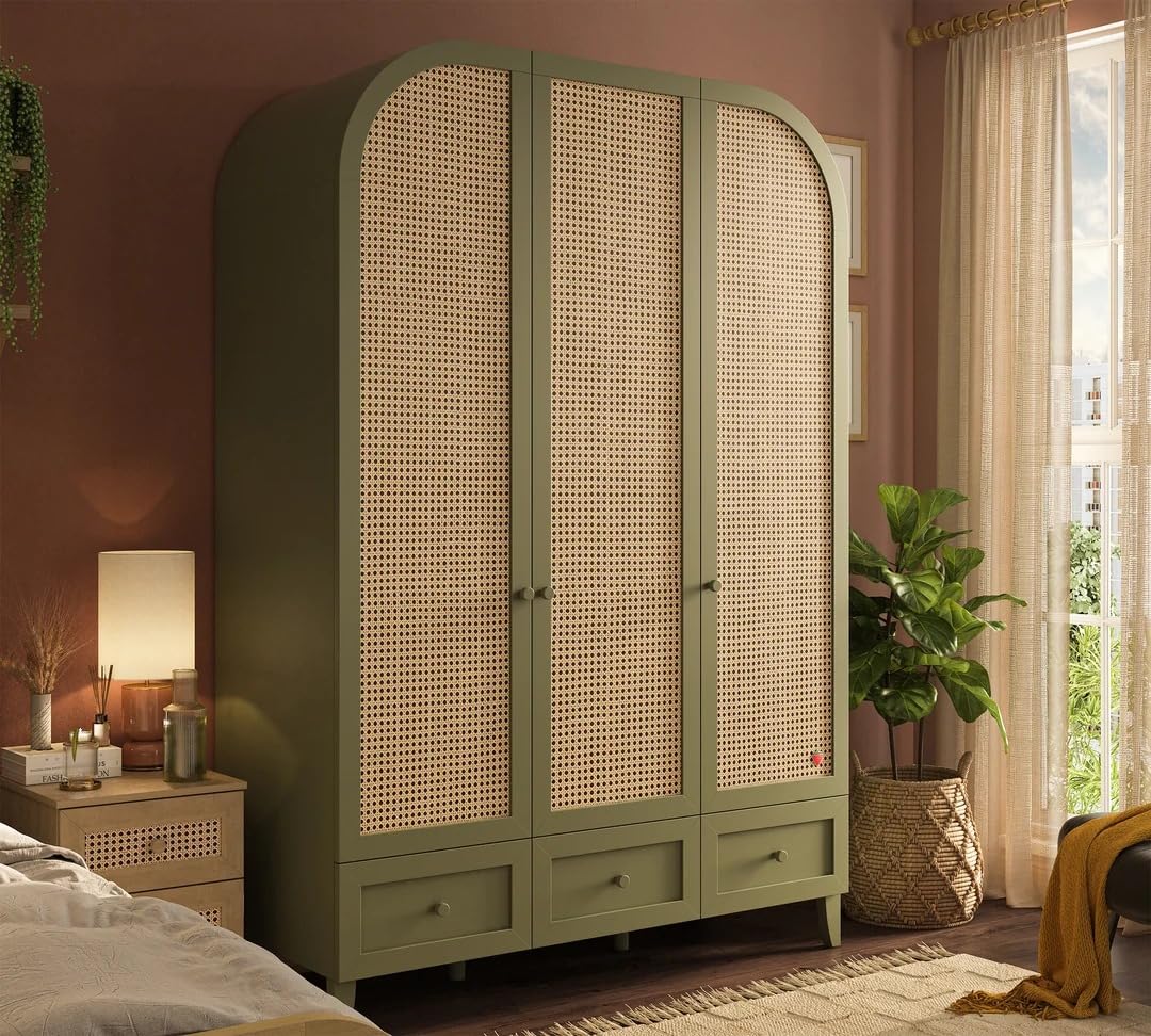 Donne's Home Loof Arc Armadio Camera da Letto 3 Ante Battenti con Ripiani e Cassetti, Guardaroba per Cameretta con Appendiabiti e LED Interno, Chiusura Ammortizzata