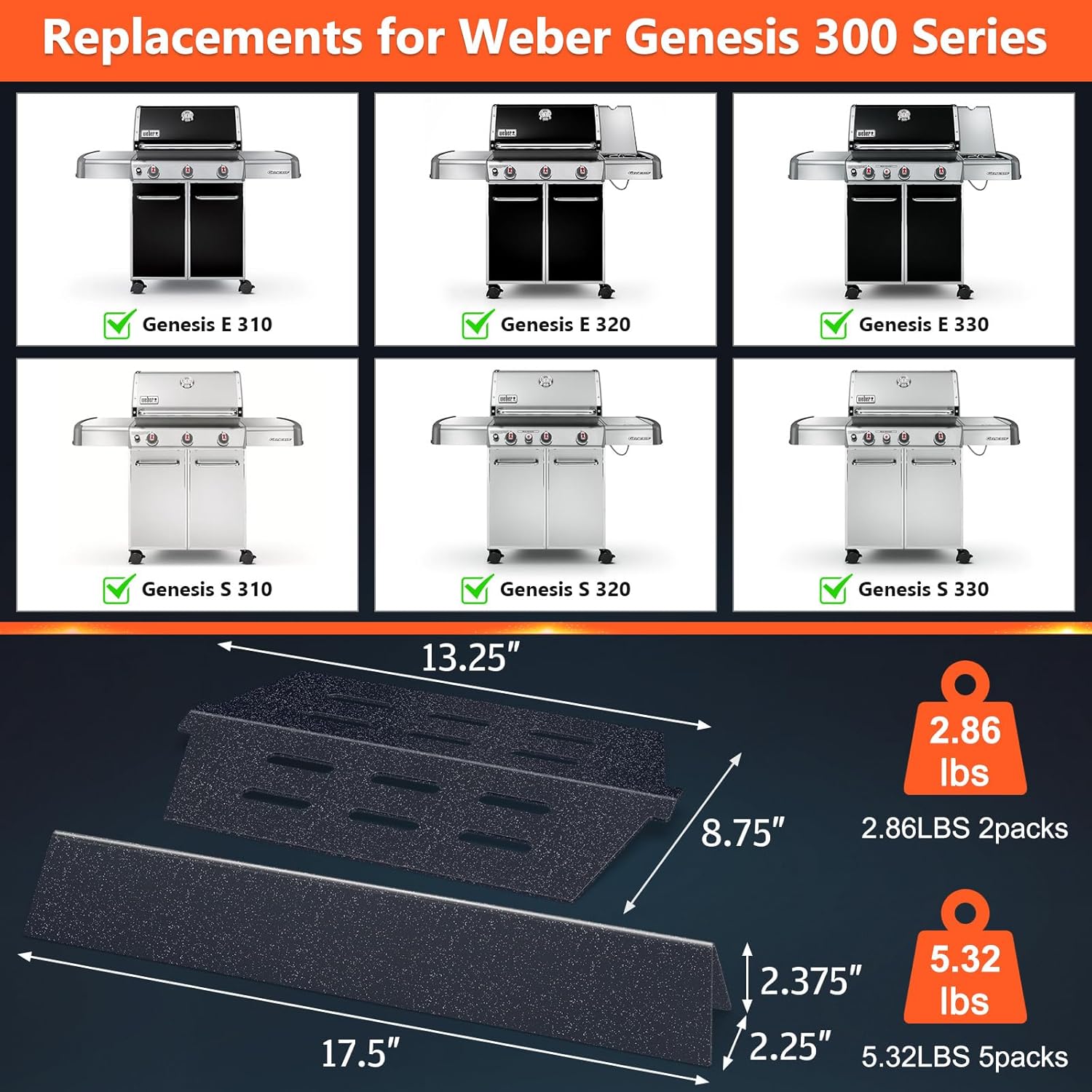 Genesis Grill Parts for Weber Genesis 300 Series Grills with Front Control Knob, Genesis E310 E320 E330 S310 S320 S330, 17.5" Flavorizer Bars and Heat Deflectors for Weber 7620 7621, Porcelain Steel 17.51"