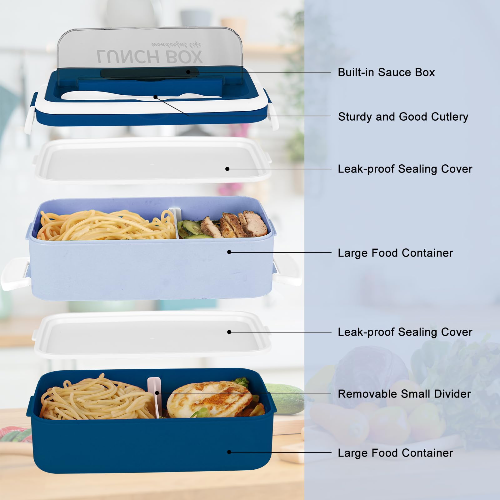 VEIOK Bento Lunch Box Adult 1600ml Lunchbox Stackable with Compartments and Bag (Blue) - Image 3