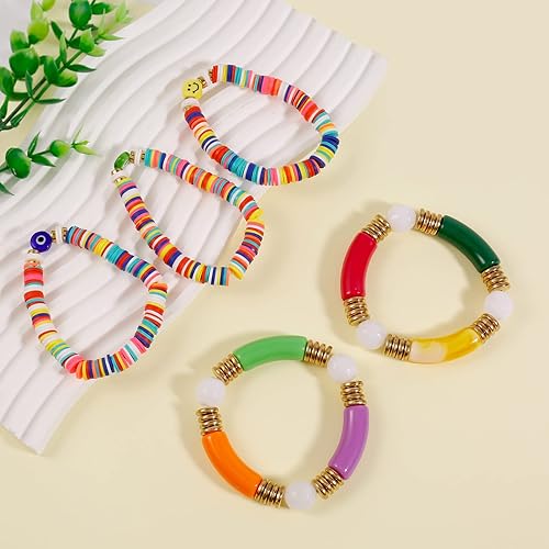 Miniatura 4 de Brazalete de tubo de bambú grueso, curvado, apilable, cuentas coloridas de acrílico transparente, elásticas, pulseras de oro de la amistad, regalos