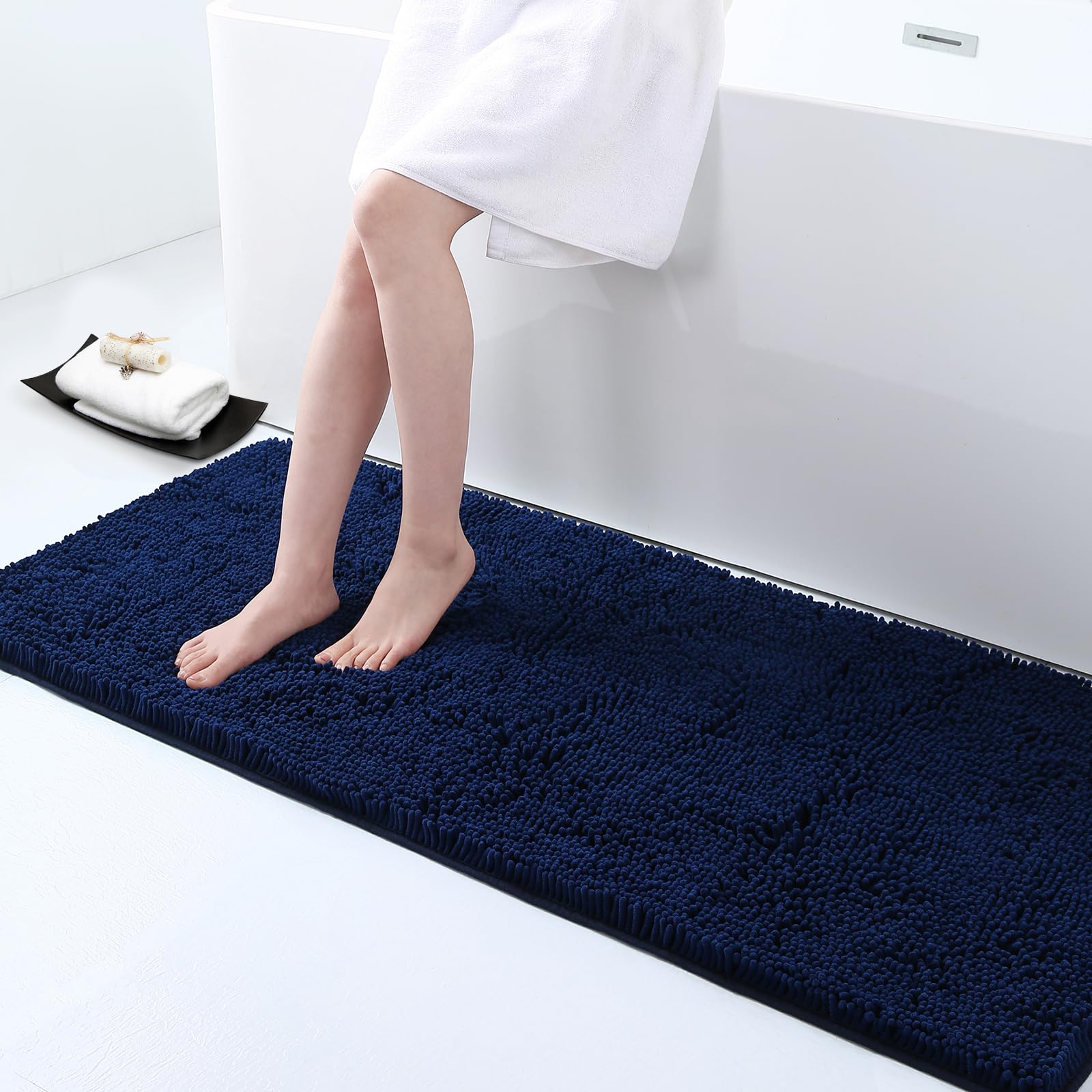 smiry Luxury Chenille Bath Rug, Extra Soft and Absorbent Shaggy Bathroom Mat Rugs, Machine Washable, Non-Slip Plush Carpet Runner for Tub, Shower, and Bath Room(59''x20'', Navy Blue)
