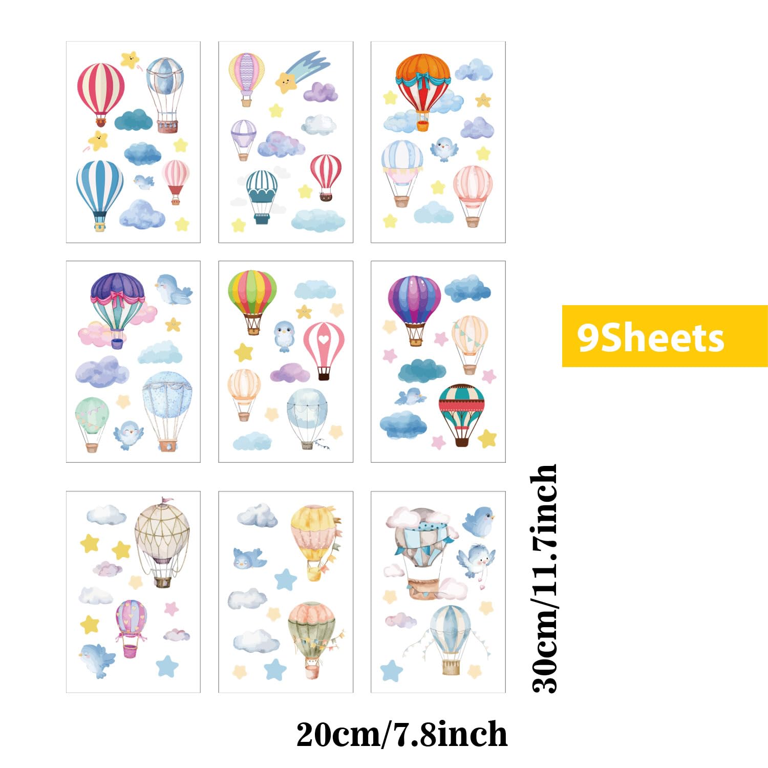 ORIGACH 9 Sheets Hot Air Balloons Window Clings Watercolor Hot Air Balloon Double Sided Window Decals Cloud Star Bird Anti-Collision Glass Window Shower Door Stickers Nursery Bedroom Living Room - Image 3