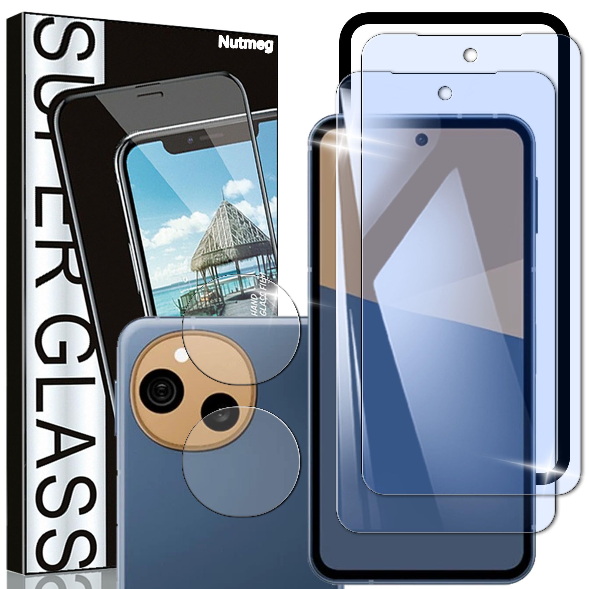 Nutmeg【2枚＋2枚+ガイド枠付き】AQUOS sense10 ガラスフィルム ブルーライトカット+AQUOS sense10 カメラフィルム【日本旭硝子素材製】アクオスセン10 保護フィルム 強化ガラス フィルム 眼精疲労軽減 効果的に近視を予防でき 衝撃吸収 指紋防止 硬度9H 飛散防止 撥水撥油 干渉しない 貼り付け簡単