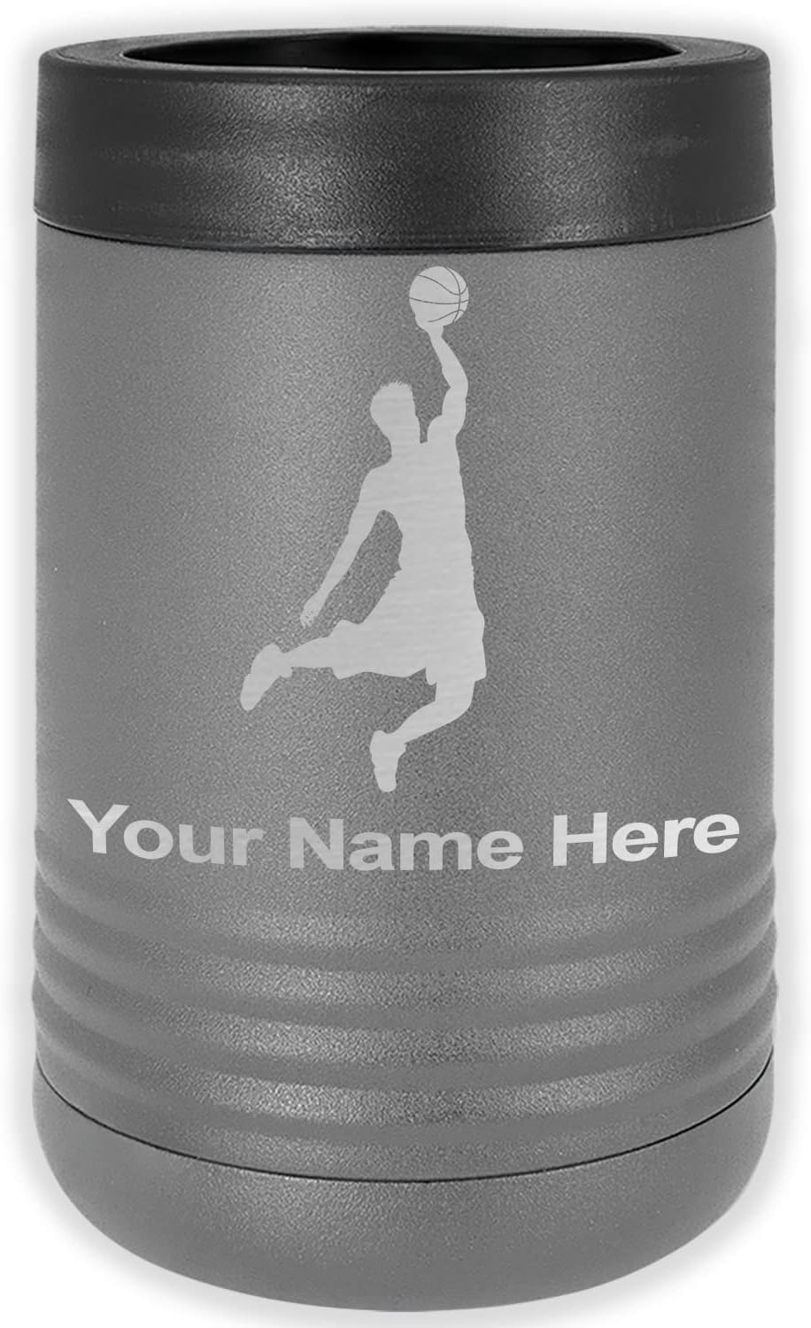 LaserGram Personalized 12 oz. Stainless Steel Can & Bottle Insulator, Basketball Slam Dunk Man – Keeps Drinks Cold Longer (Gray)