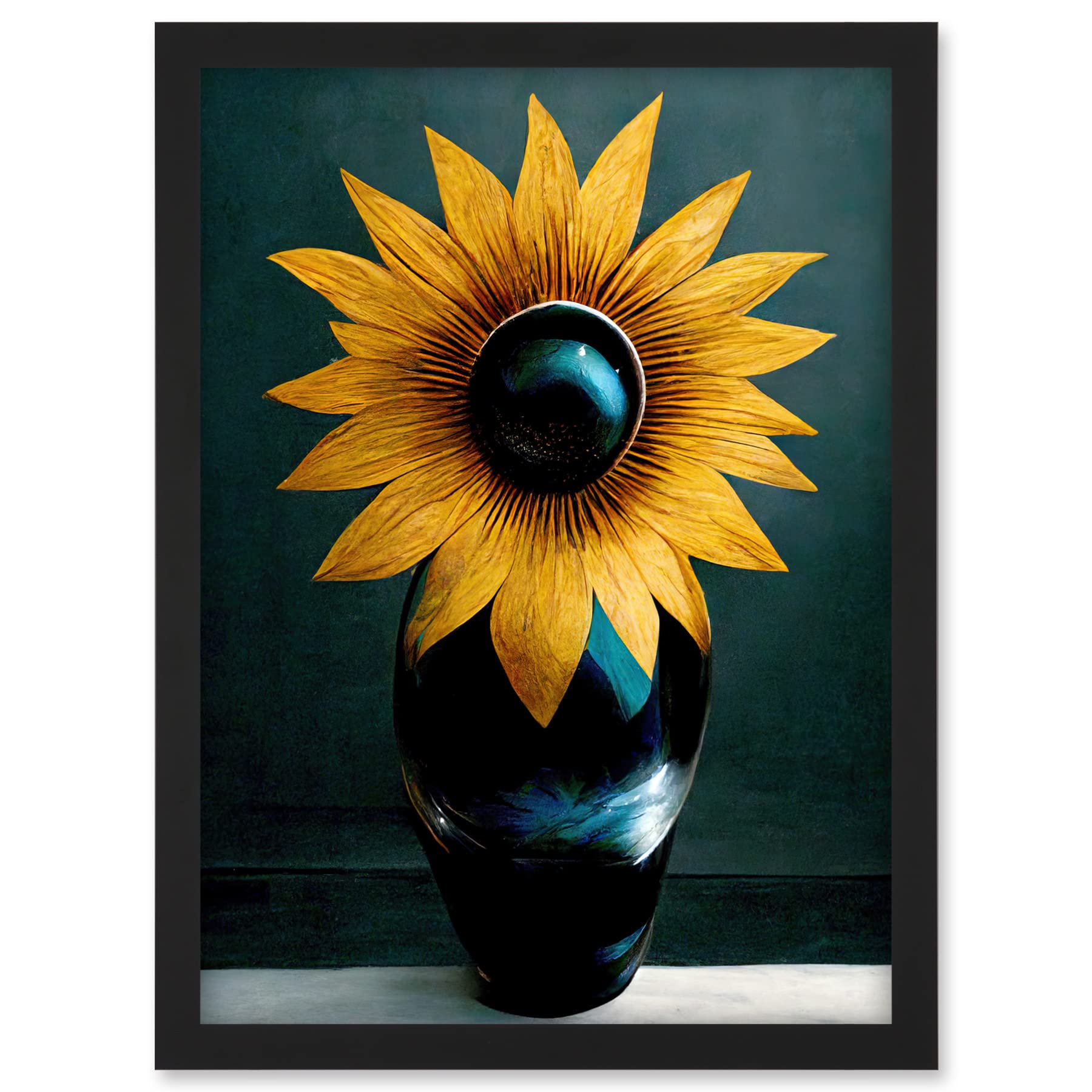 Doppelganger33 LTD Modern Bright Single Yellow Black Sunflower In Vase Artwork Framed A3 Wall Art Print