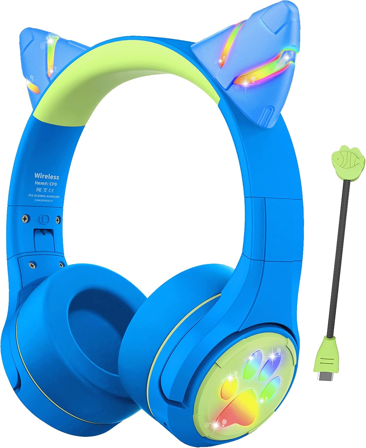 Riwbox CF9 Kids Bluetooth Headphones Cat Ear with LED Light Up,Safe 85dB Volume Limit,Built-in Mic&Boom Mic for Calls,Kids Wireless&Wired Headphones for Tablet/Airplane/School/Online Learning