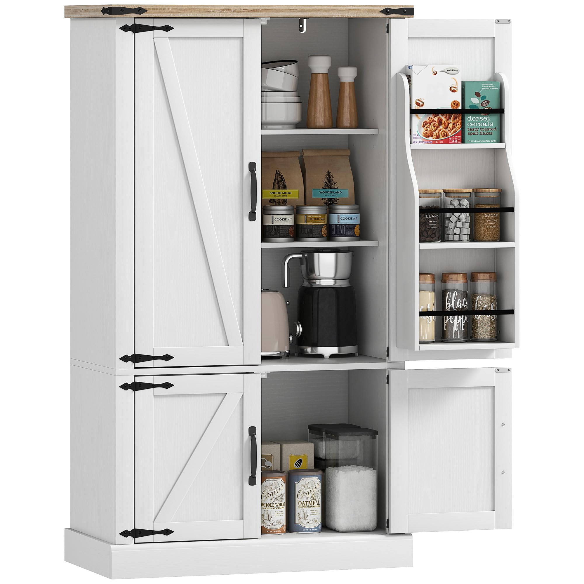 HOMCOM Credenza da cucina, mobile da cucina, mobile per porcellane, 4 ante, 6 portaspezie e ripiani regolabili, stile rustico, mobile contenitore per soggiorno, sala da pranzo, 76,3 x 40 x 136 cm,