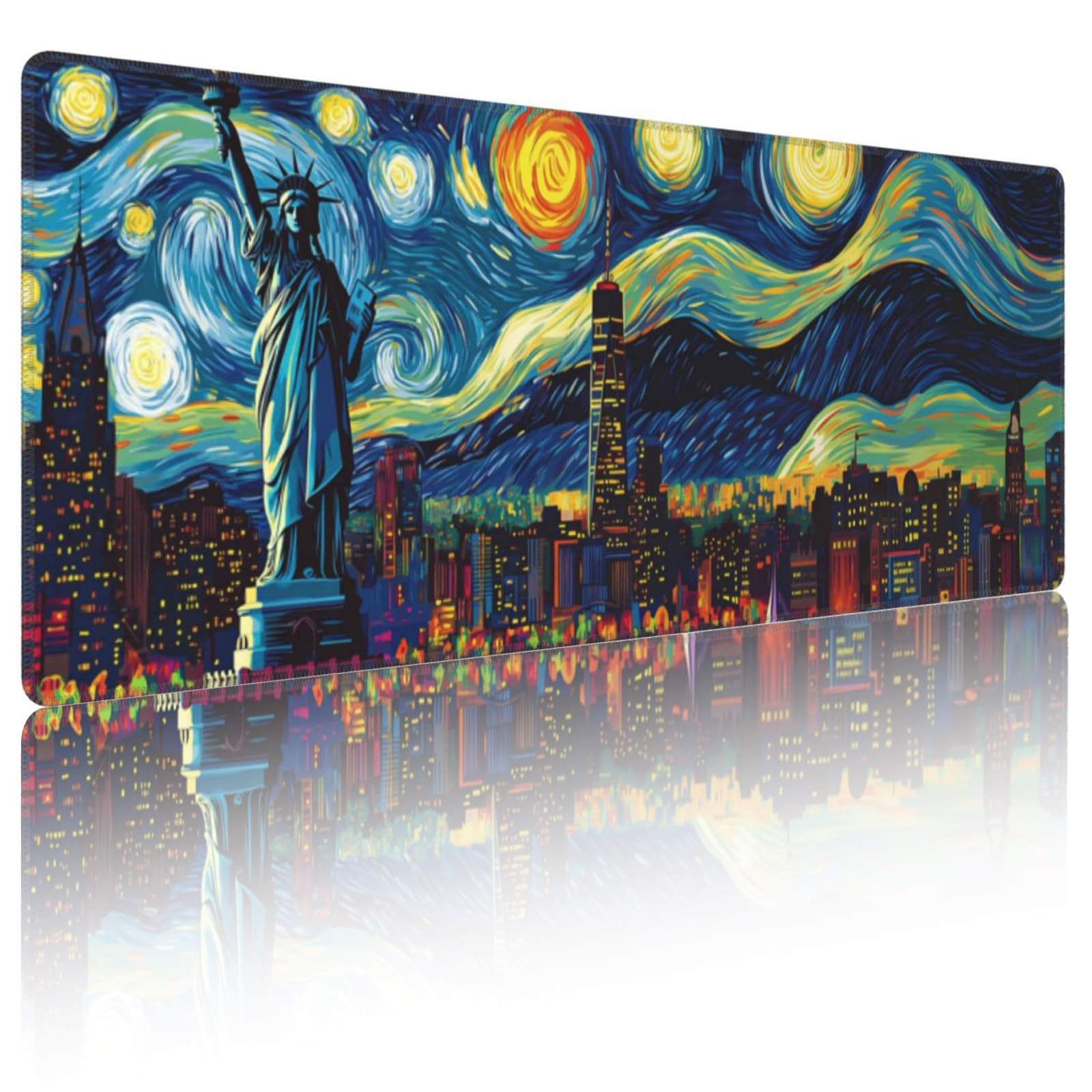 Starry Night Large Mouse Pad with Over New York City Skyline XXL Gaming Large Mouse Pad Art Keyboard Mat Non-Slip Rubber Base