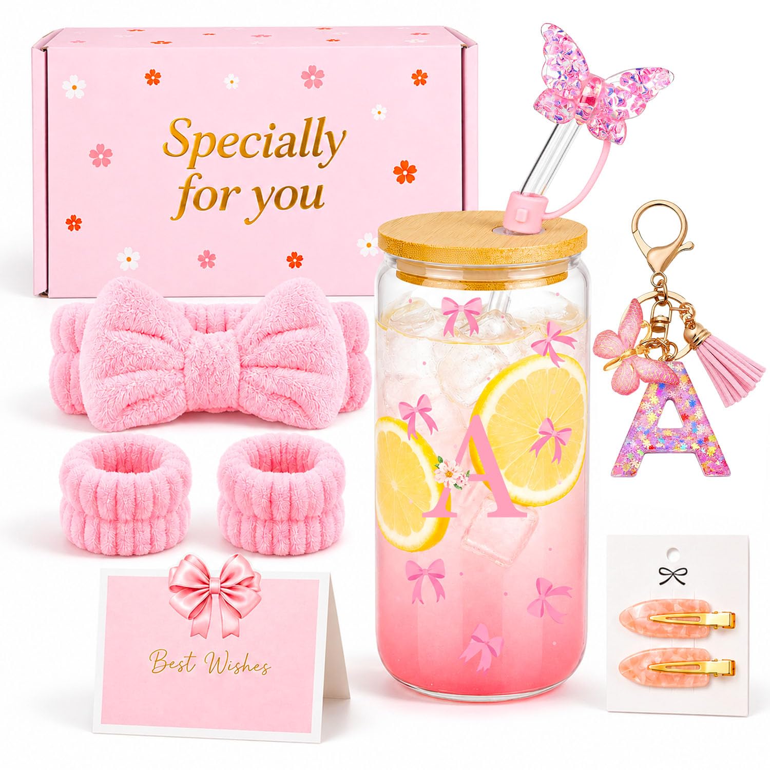 TUZELIYA A-Z Personalised Initial Gifts for Girls - Letter Glass Tumbler Gift Set with Bow Headband, Pink Birthday Gift Set for Teen Girls, Best Friend, Daughter, Sister, Niece, A