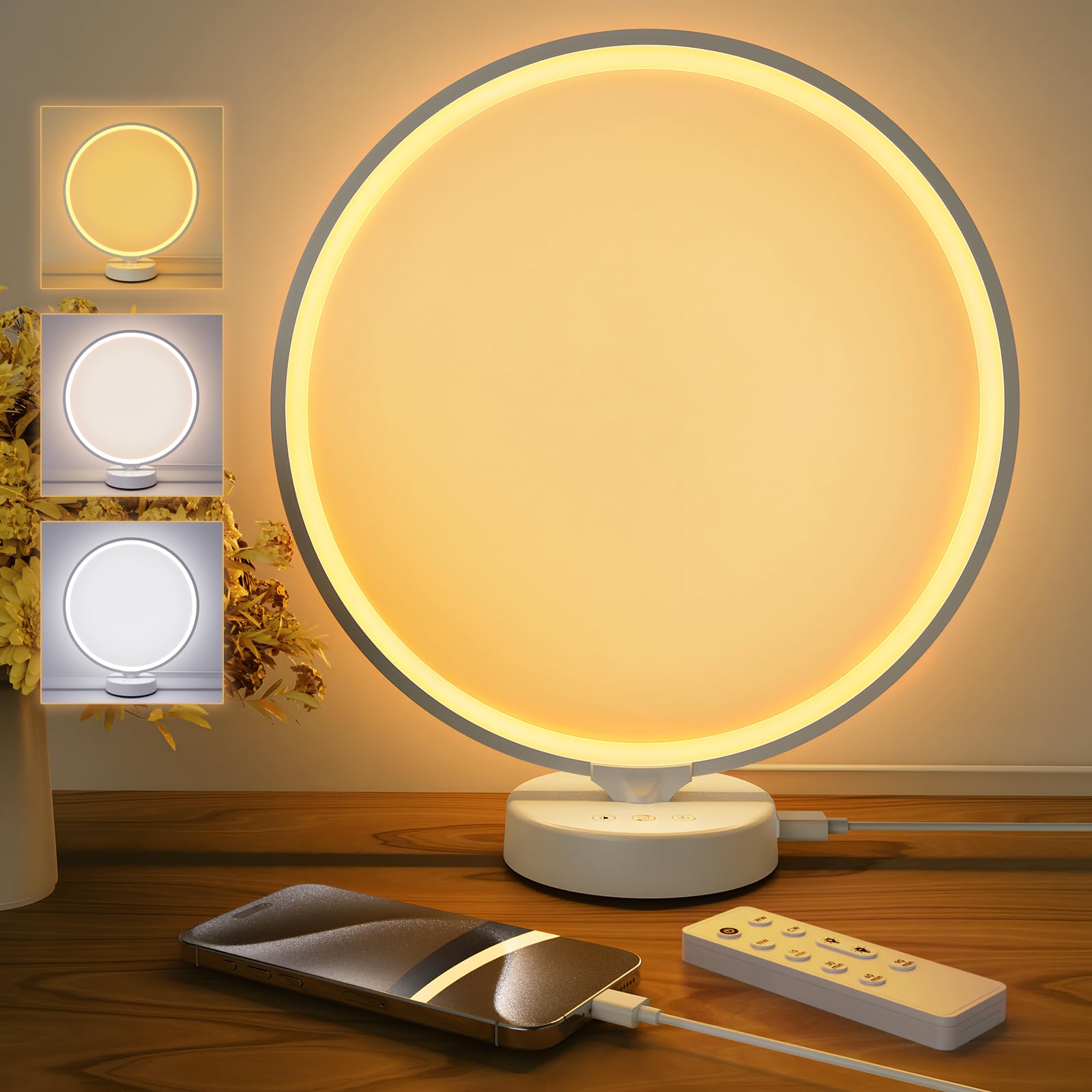 Lámpara solar de terapia de luz de 10000 lux, sin rayos UV con control remoto, 3 temperaturas de color, 4 niveles de brillo y temporizador, luz solar de temporada para el hogar, la oficina