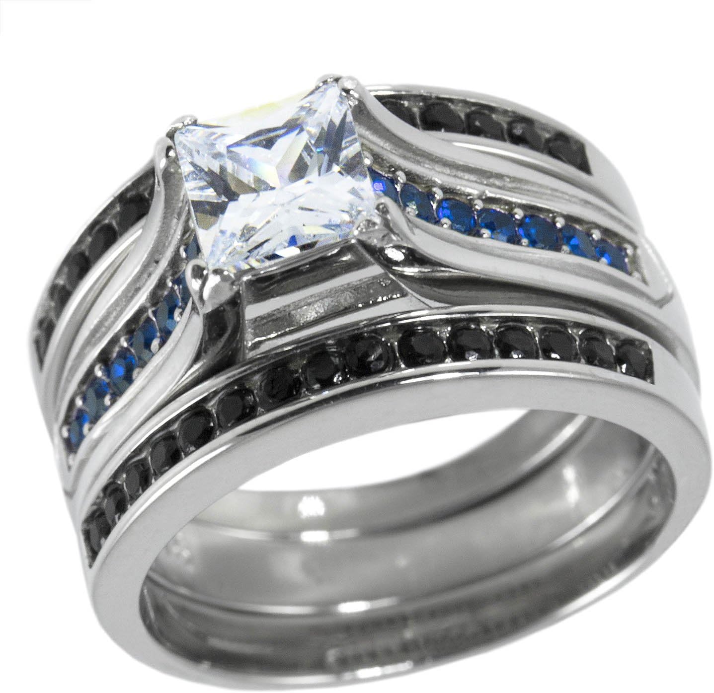 Thin Blue Line Stainless Steel Cz Engagement Ring Three Ring Set