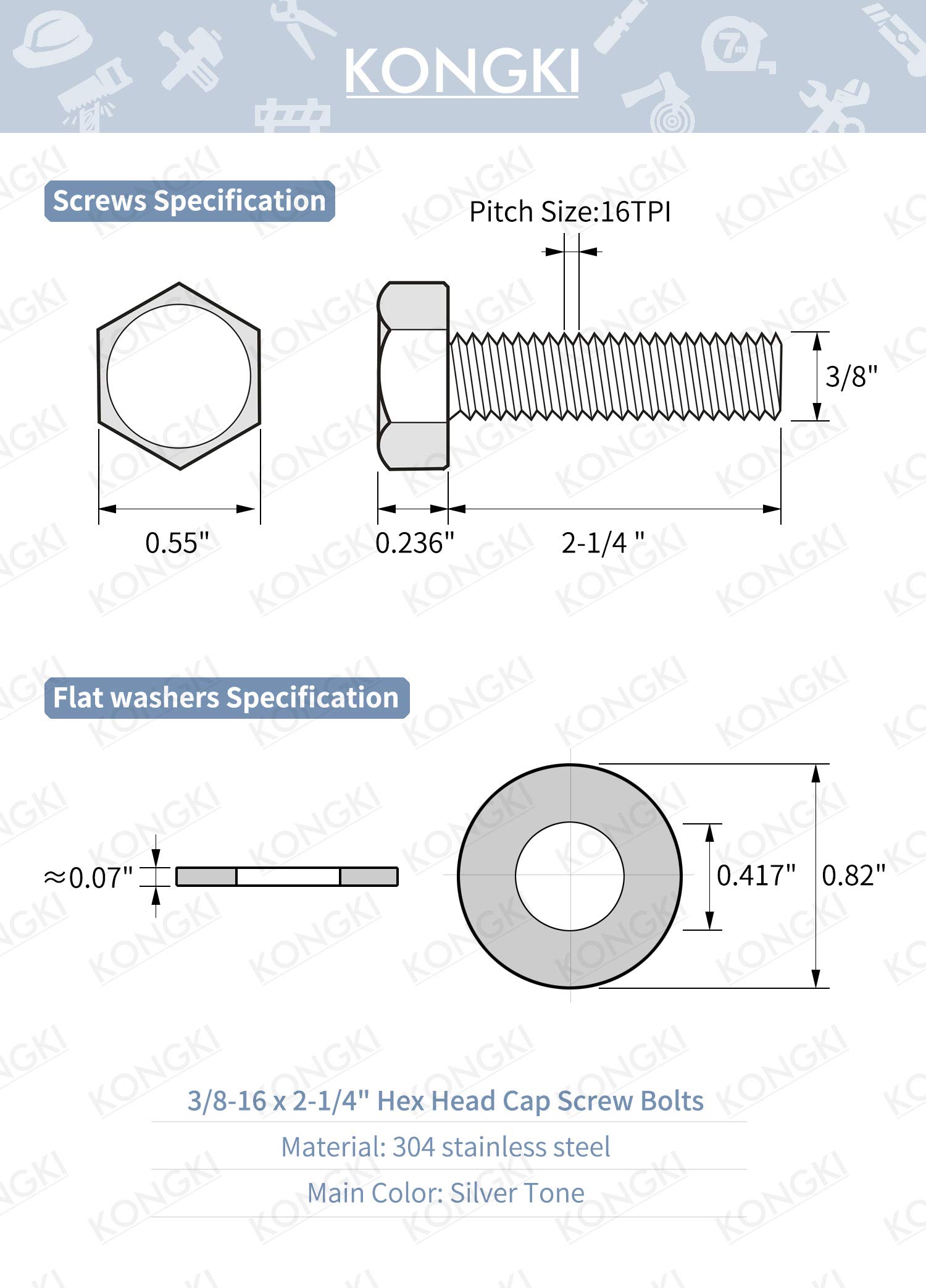 Amazon | 5セット 3/8-16x2-1/4インチ ステンレススチール 六角
