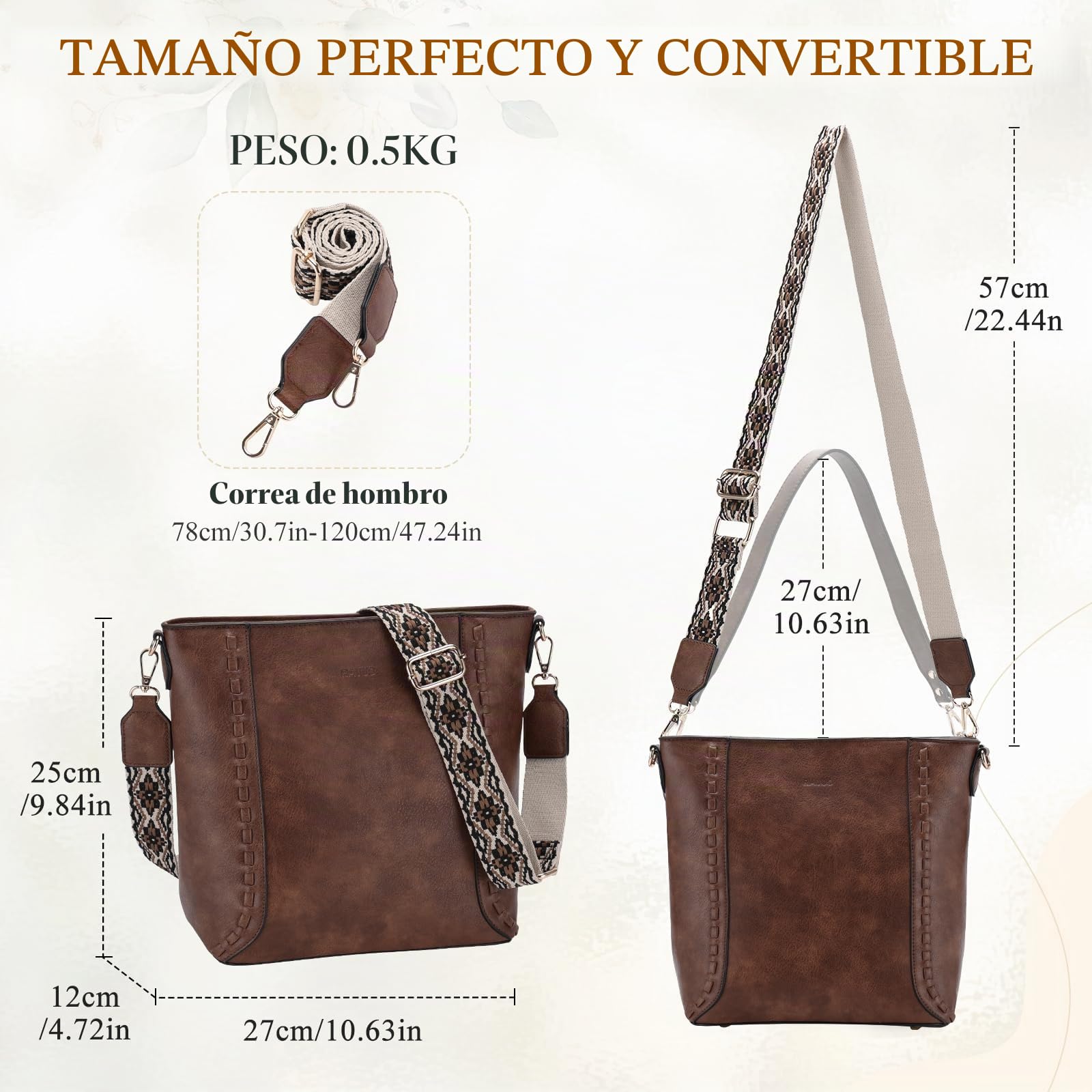 RAVUO Bolso Bandolera Mujer, Grande Bolso Cuero Mujer Bolso Hombro de Piel con 2 Correas Ajustable Crossbody Bag Bolso Shopper para Diario Viaje