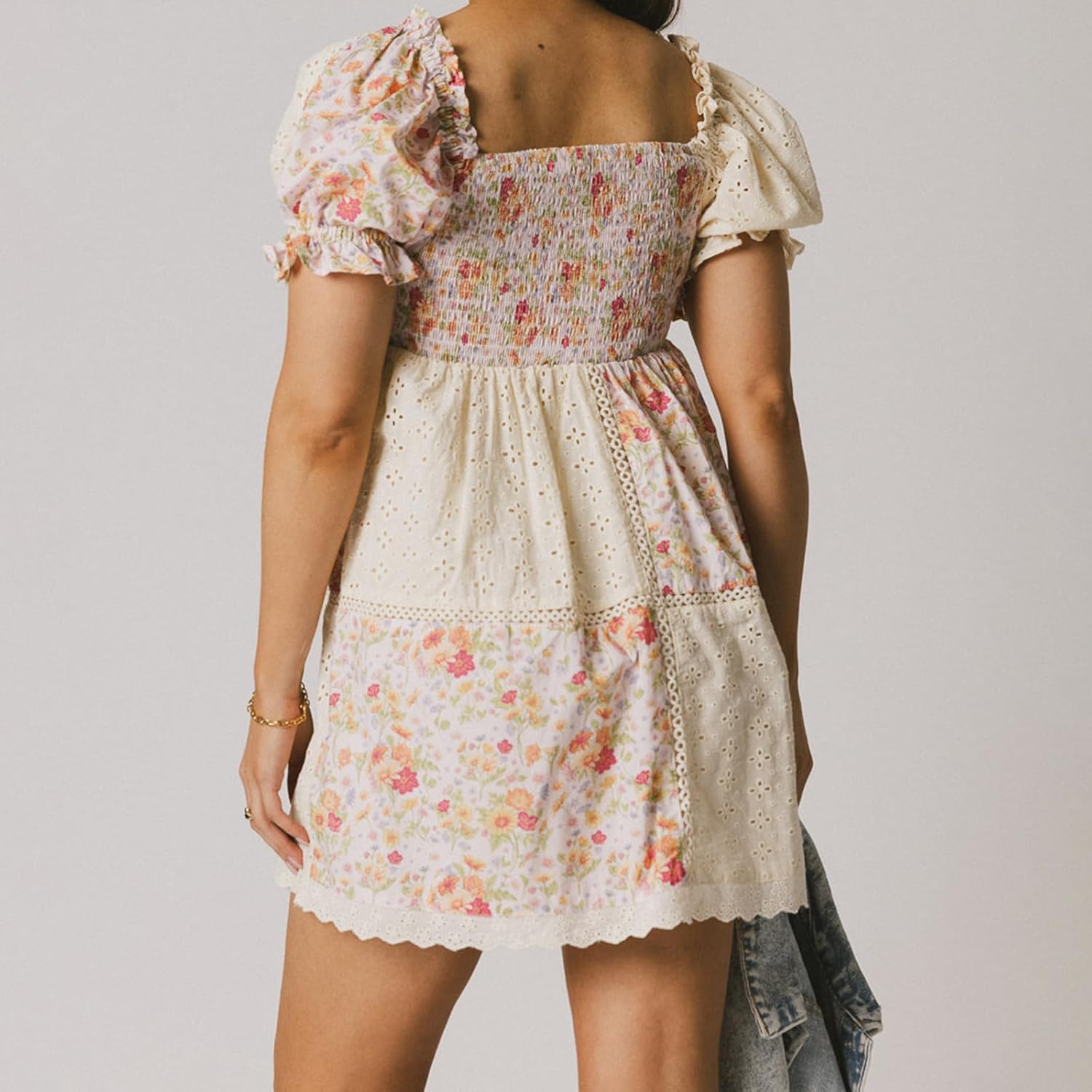 Women Floral Patchwork Babydoll Dresses Puff Sleeve V Neck A Line Cute Mini Dress Flowy Y2k Sundress for Teens