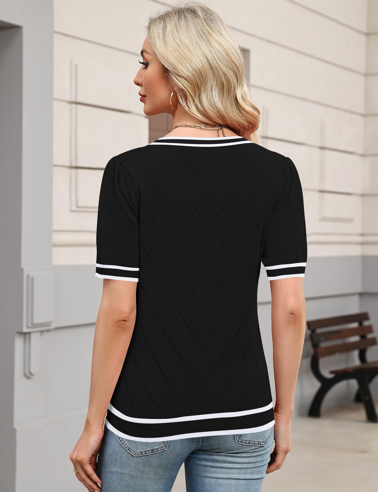 Rapbin Pullover Damen Sommer Elegant Kurzarm Pulli Shirt V Ausschnitt Puffärmel Oberteil Top Leichte Mode Bluse Tshirt