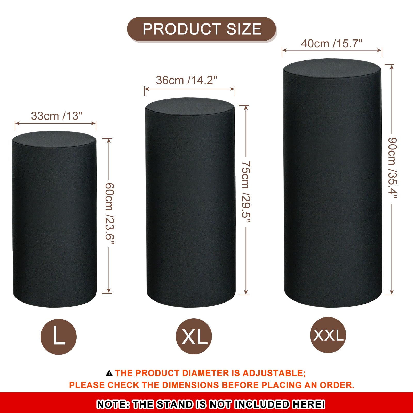 QUARKZMAN Set of 3 Housses pour Socles Cylindriques en Spandex Noir, Housse pour Socle pour Décoration de Mariage Anniversaire Fête, Contient uniquement (Tissu Élastique - Grand)