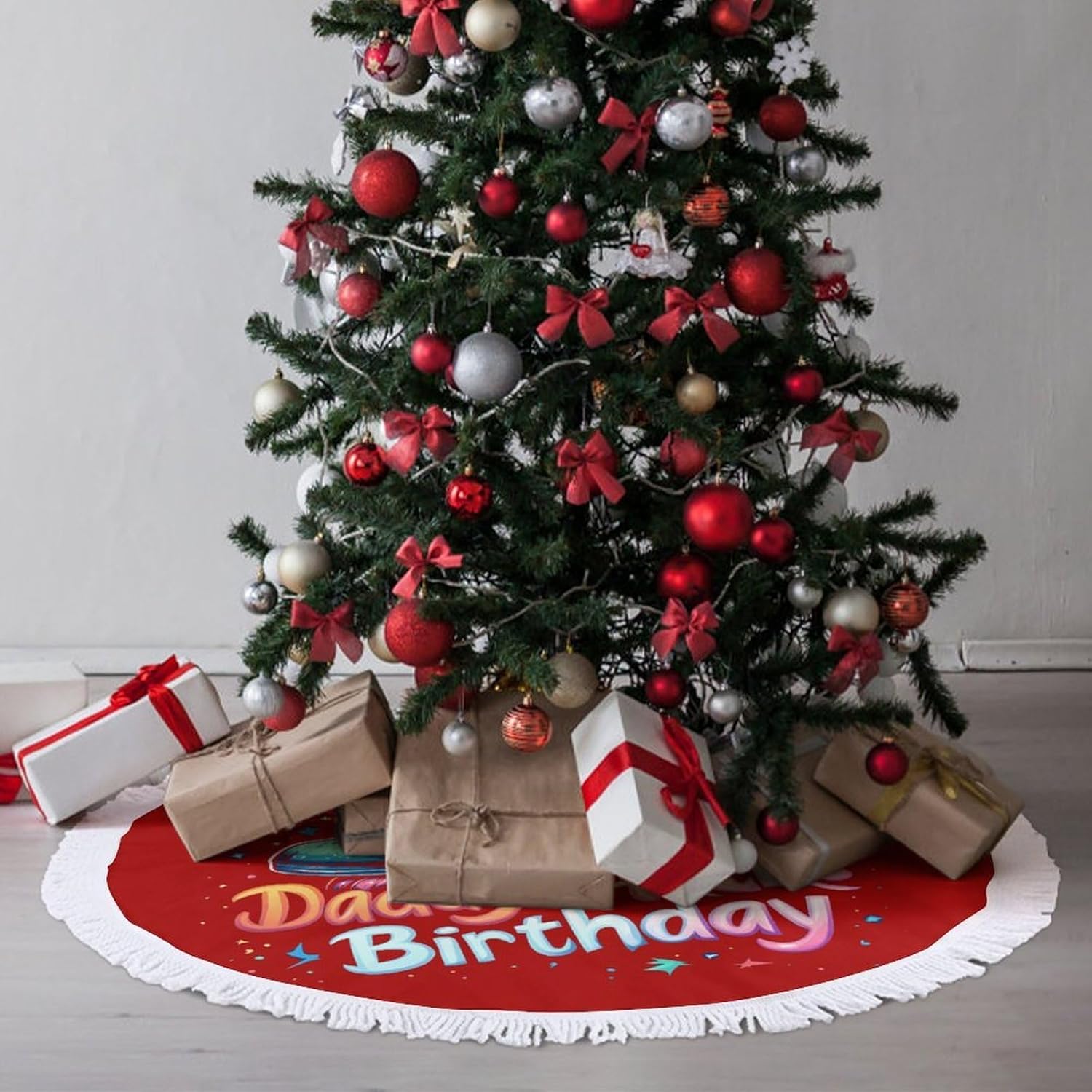 Daddy of The Birthday Roller Skates Christmas Tree Skirt Round Xmas Tree Mat Ornaments Tree Skirts with Tassels for Holiday Party