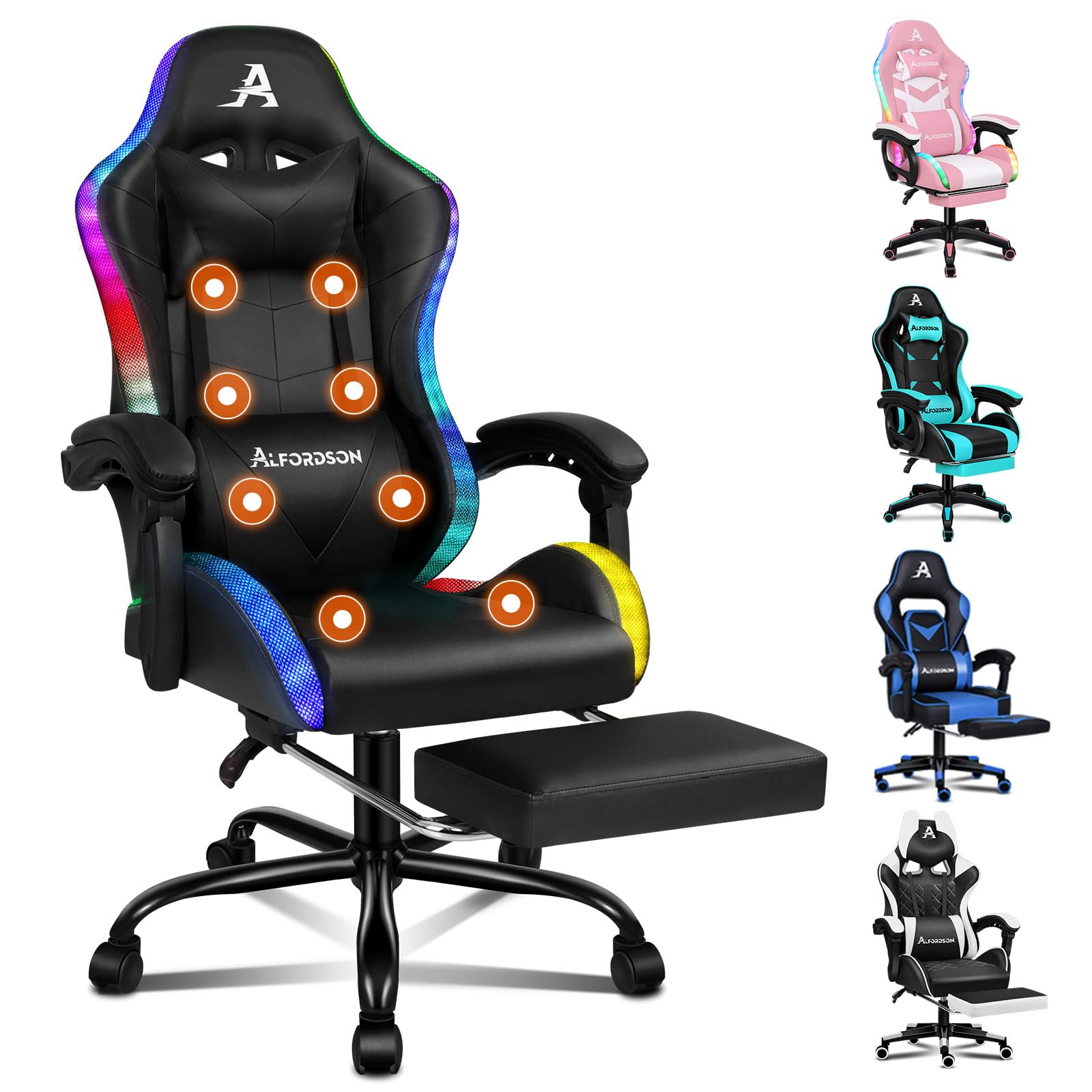 ALFORDSON Silla de Masaje para Juegos, Silla Gamer con LED, reclinable 150°, Silla ergonómica ejecutiva de Oficina con reposapiés, Altura Ajustable, Silla de Carreras, Cuero sintético, Negro
