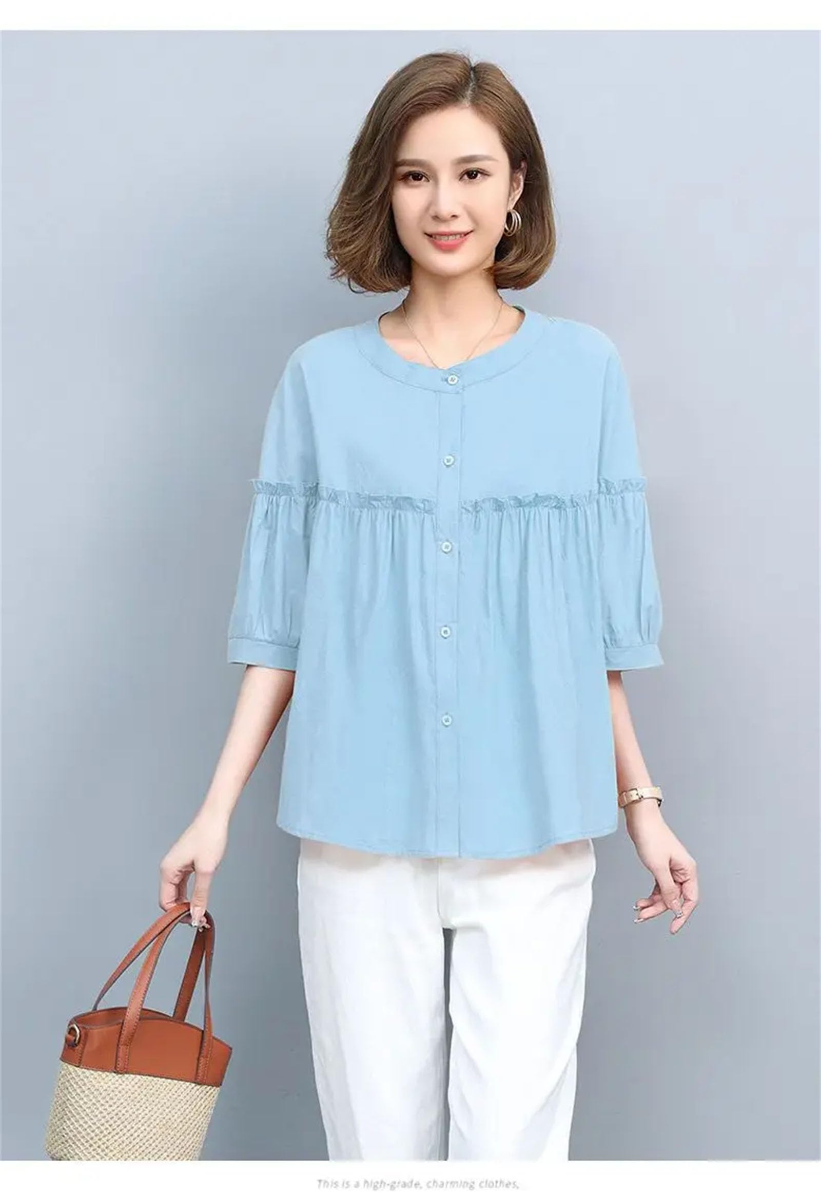 Camicette da donna con volant impiombati con bottoni per donne casual pieghe allentate maniche a lanterna camicette top