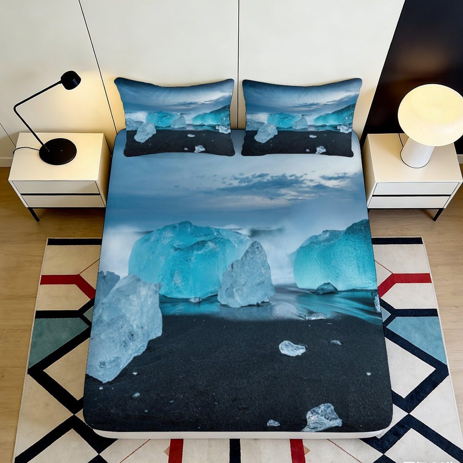 3D Printed Iceberg Fitted Sheet Microfiber Soft Breathable Glacier Bed Cover for Bedroom Dormitory Guest Room Mattress Protection Decor 160x200x25cm