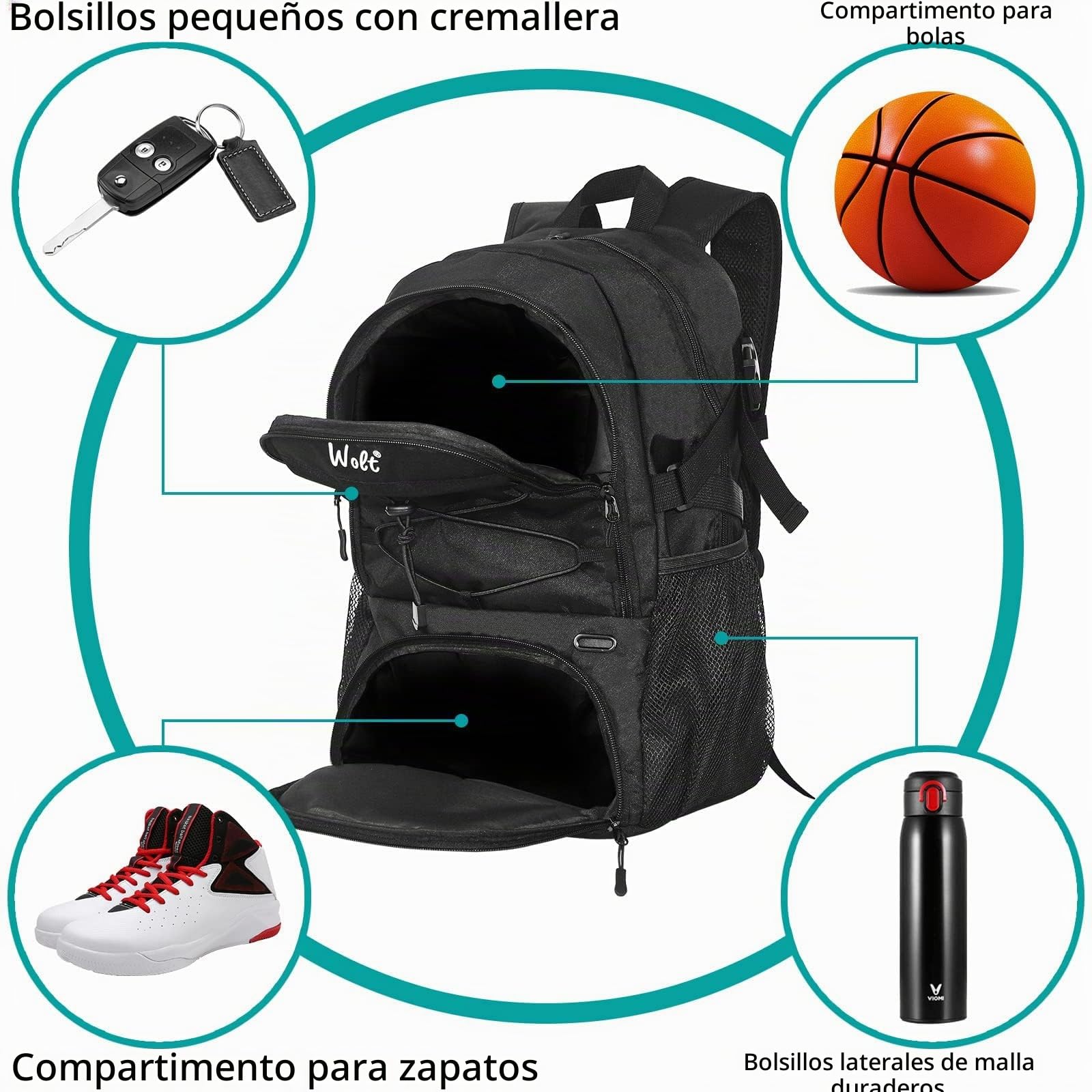 WOLT Bolsa de fútbol con portaequipajes Mochila de Baloncesto con Porta balones Mochila Deportiva con Bolsillo para Botella de Agua