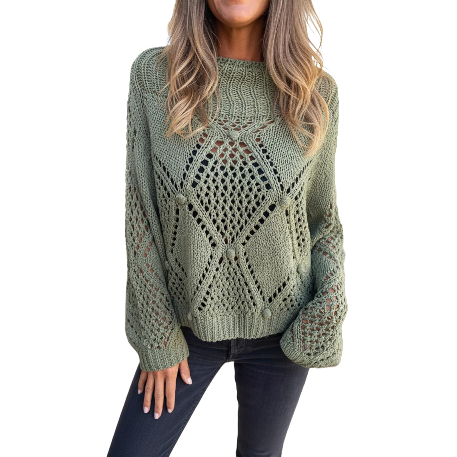 Womens Fall Winter Crochet Hollow Out Sweater Boat Neck Long Sleeve Cable Knit Solid Color Oversized Pullover Tops